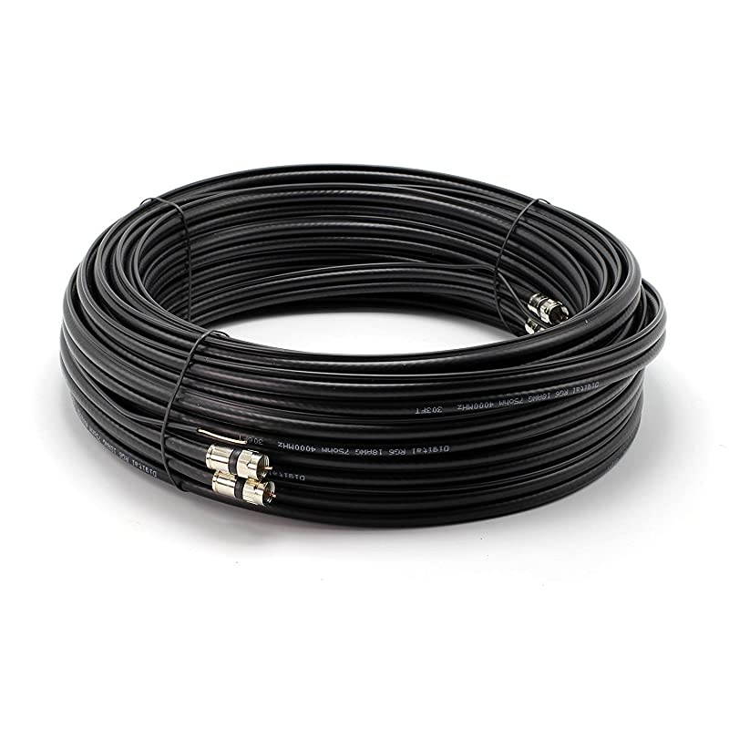 Dual with Ground RG6 Coaxial Twin Coax Cable Siamese Cable with 18AWG Copper Ground Wire Satellite Antenna CATV Quality Compression Connectors Black