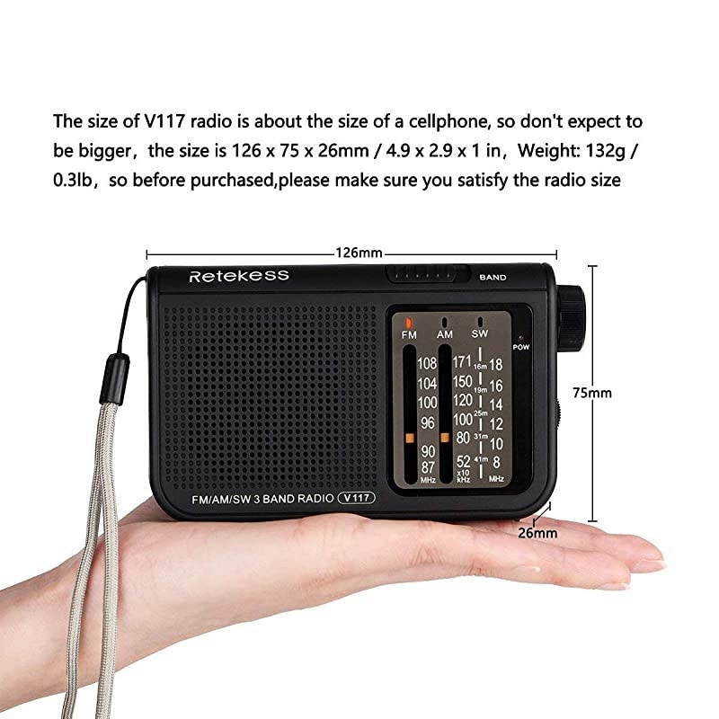 V117 Analog AM FM Radio Transistor Radio Battery Operated with Large Knobs and Clear Dial Simple Operation Suitable for Indoor ElderlyBlack