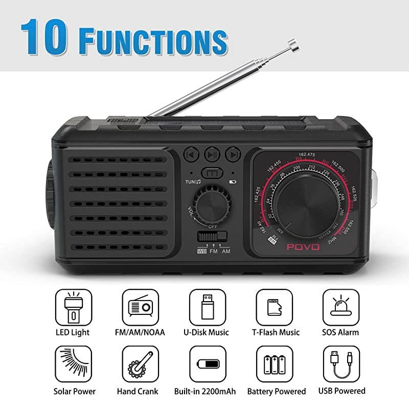 Radio Survival Hand Crank Self Powered AM FM NOAA Weather Station SOS Alarm Radio Kits with LED Flashlights Music 2200mAh Solar Portable Charger for Camping Supplies Disaster Preparedness