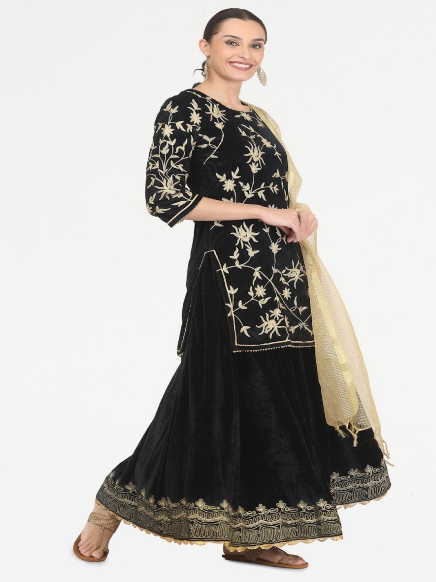 Kaanchie Nanggia Black Embroidered Kurta Skirt with Chanderi Dupatta