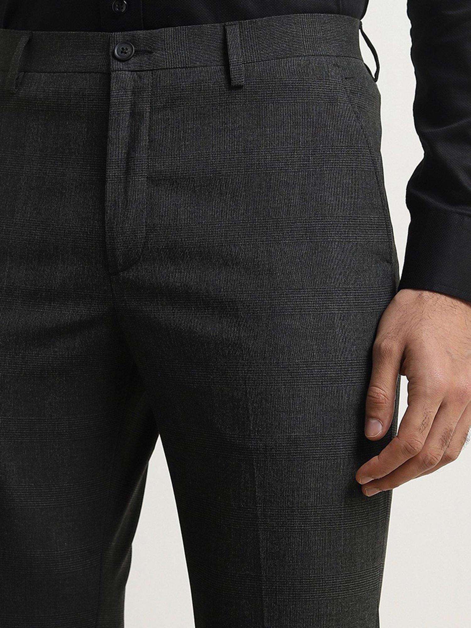 WES Formals by Westside Black Checkered Carrot-Fit Mid-Rise Trousers