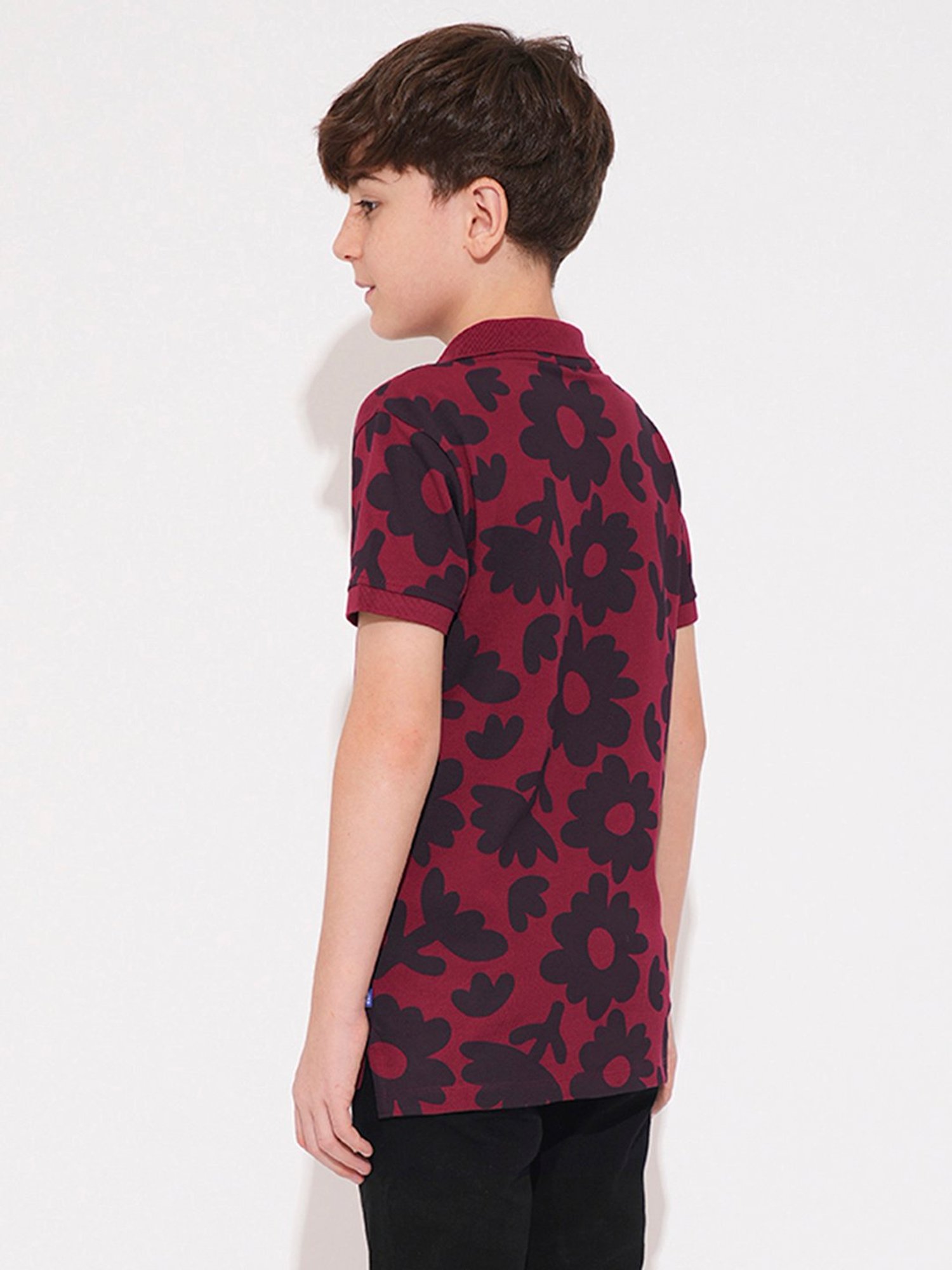 Jack & Jones Junior Boys Maroon Cotton Floral Print T-Shirt