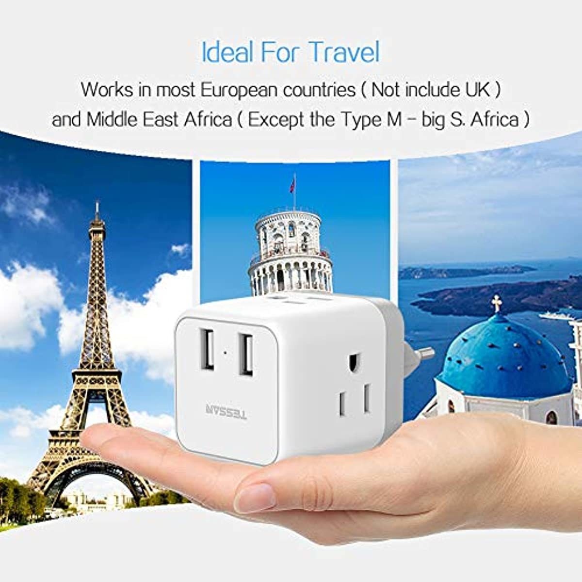 European Travel Plug Adapter, TESSAN Europe Power Adapter with 2 USB, Type C Travel European Adapter, US to Europe Plug Adapter for France Italy Germany Iceland (2 Pack)