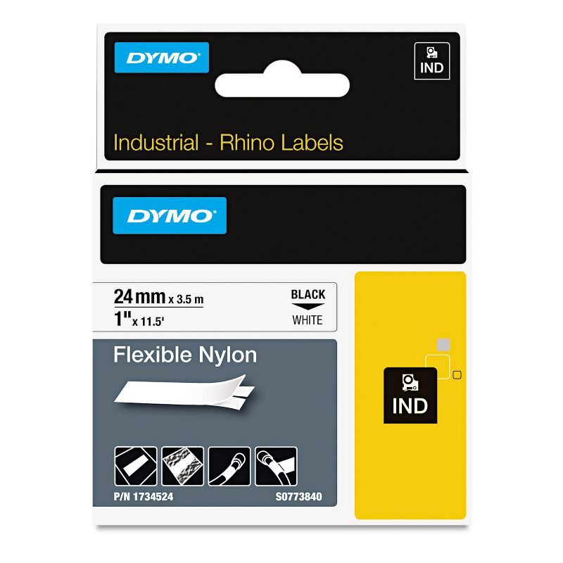 DYMO Rhino Flexible Nylon Industrial Label Tape 1" x 11 1/2 ft White/Black Print 1734524