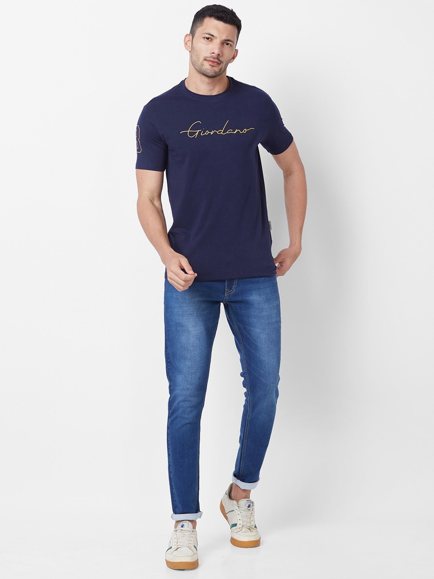 Giordano Navy Cotton Slim Fit Printed T-Shirt