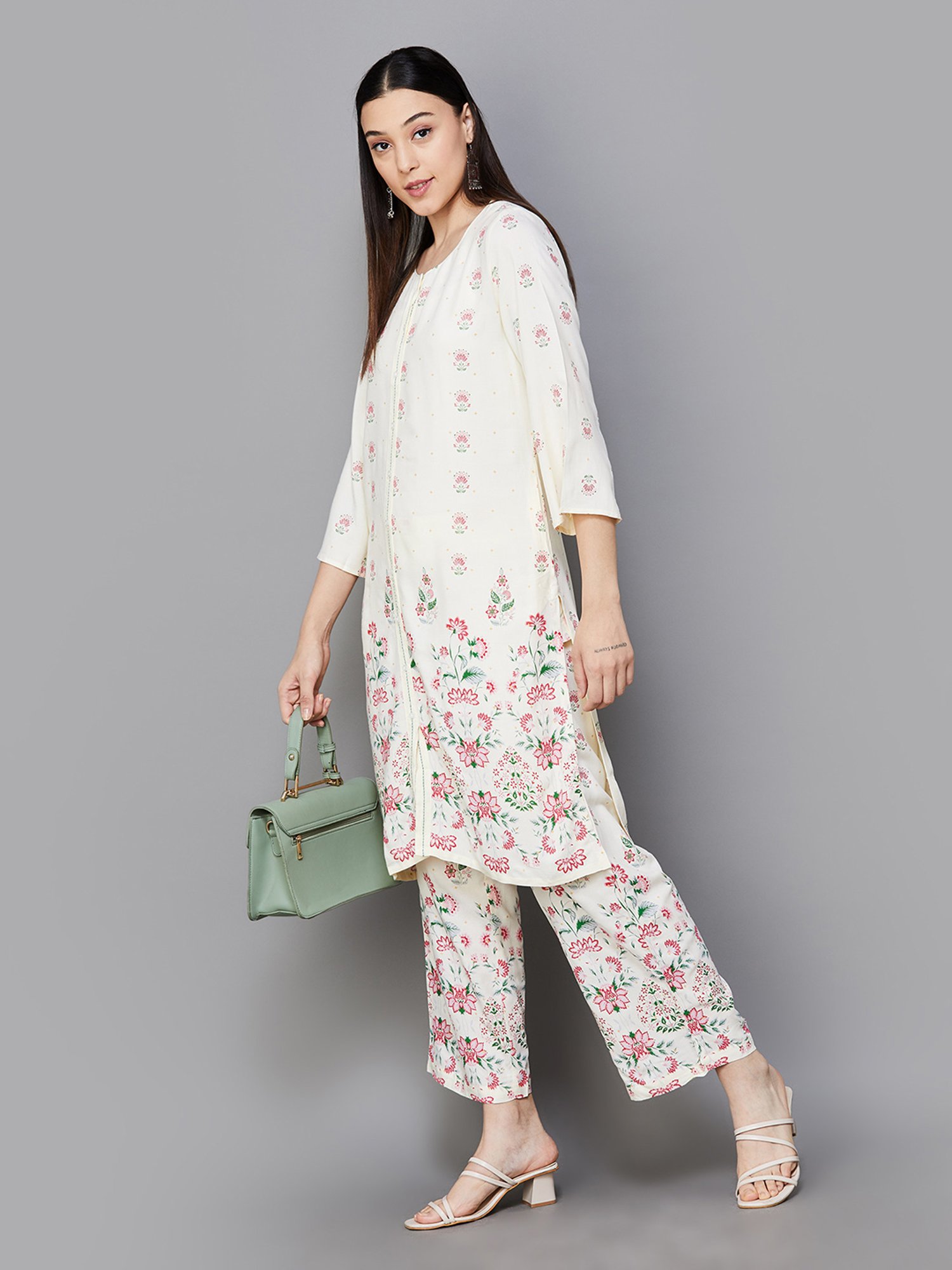 Melange by Lifestyle Off White & Pink Floral Print Kurta With Trousers