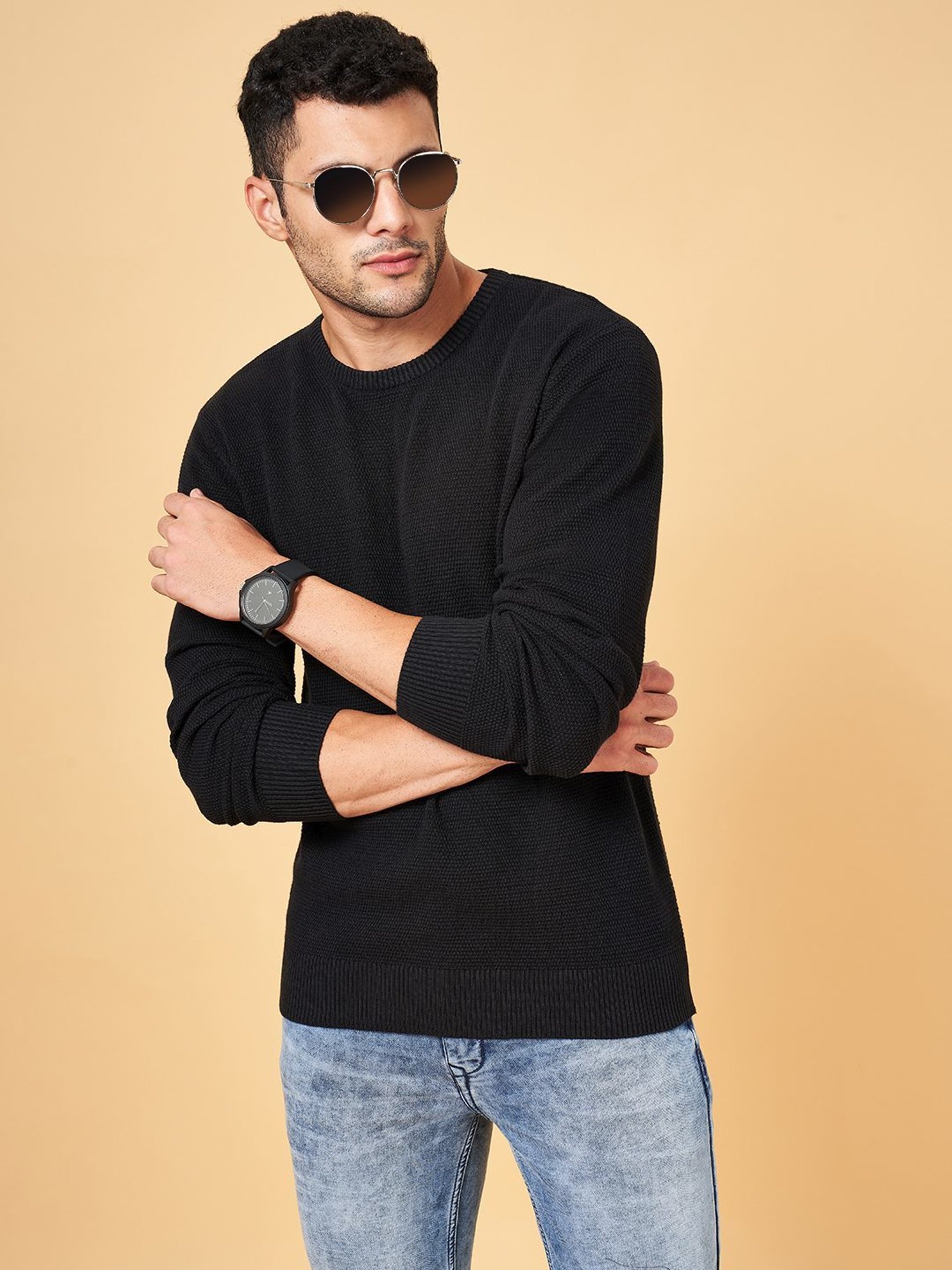Byford by Pantaloons Black Cotton Slim Fit Sweater