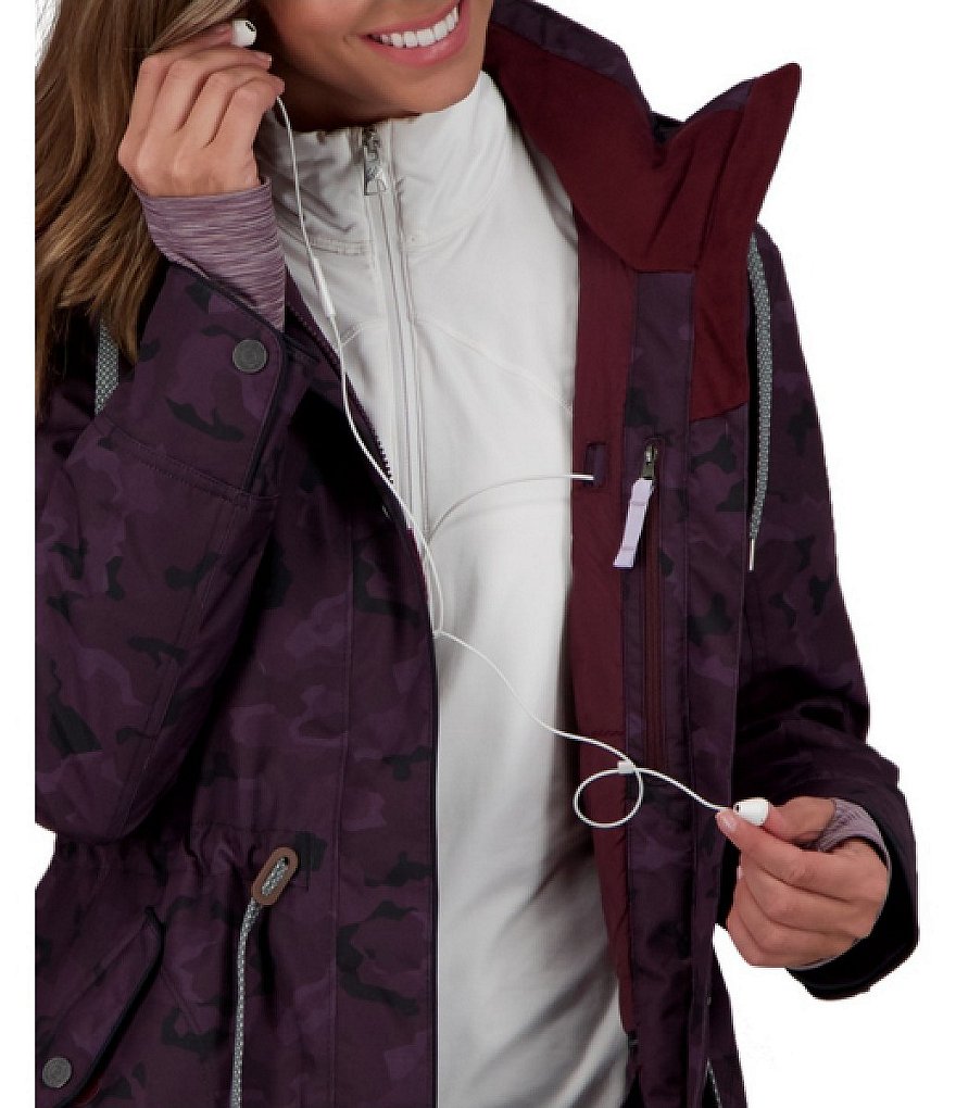 Obermeyer Celestia Hooded Stand Collar Long Sleeve Camouflage Print Ski Jacket