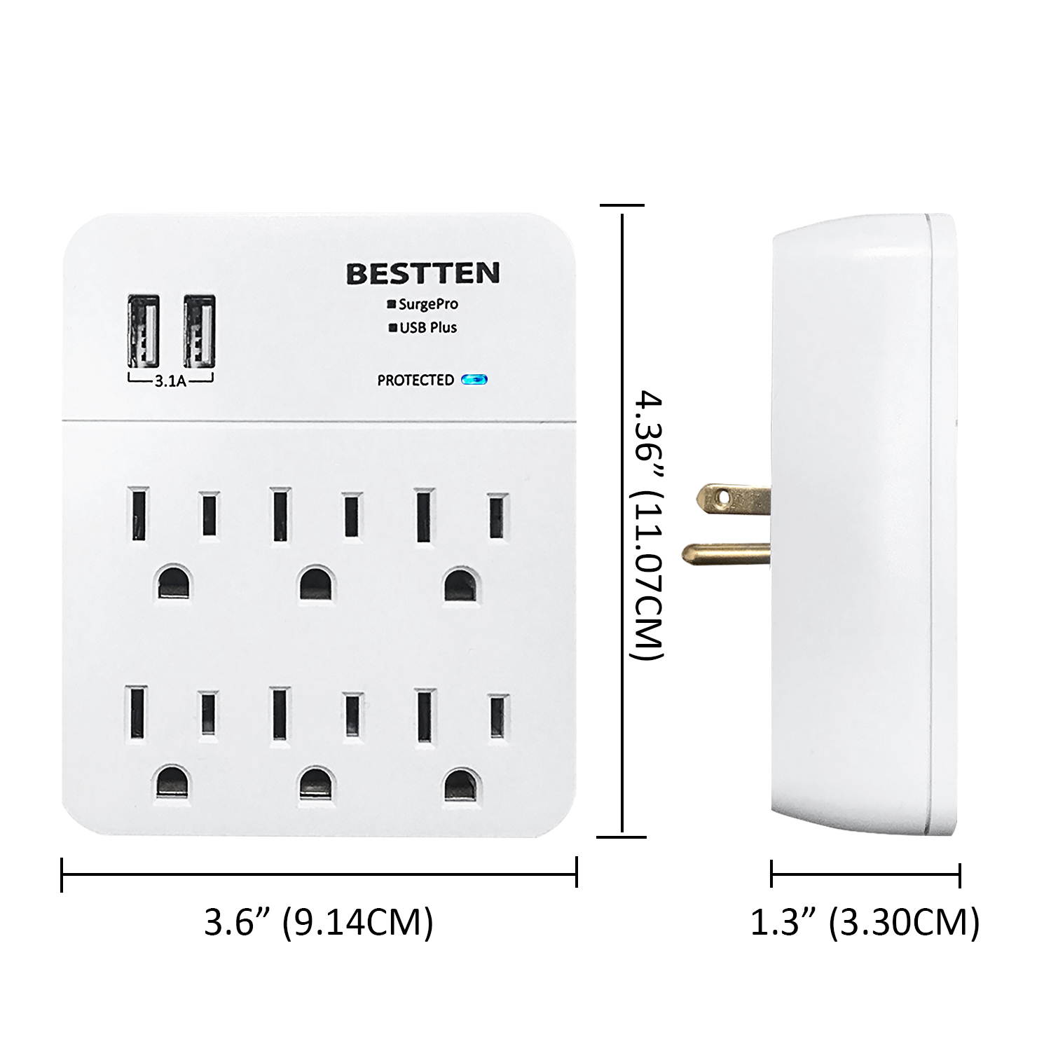 BESTTEN Multi Wall Tap Outlet Adapter Surge Protector with 2 USB Charging Ports (2.4A/Port, 3.1A Total) and 6 Electrical AC Sockets, ETL Certified, White