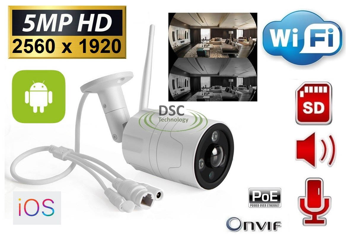 5.0MP (2560x1920P) PoE/12VDC Wifi Wireless Onvif Panorama IP security Bullet Camera Built-in Audio/Speaker/SD Card Slot, 3PCS Array Leds. Support Mobile View