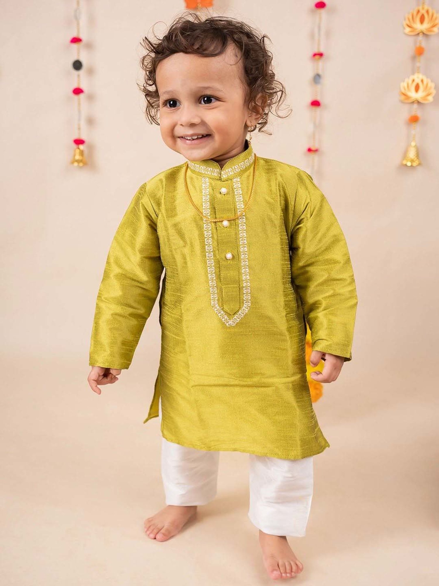 Baby Moo Kids Green & White Regular Fit Full Sleeves Kurta Set