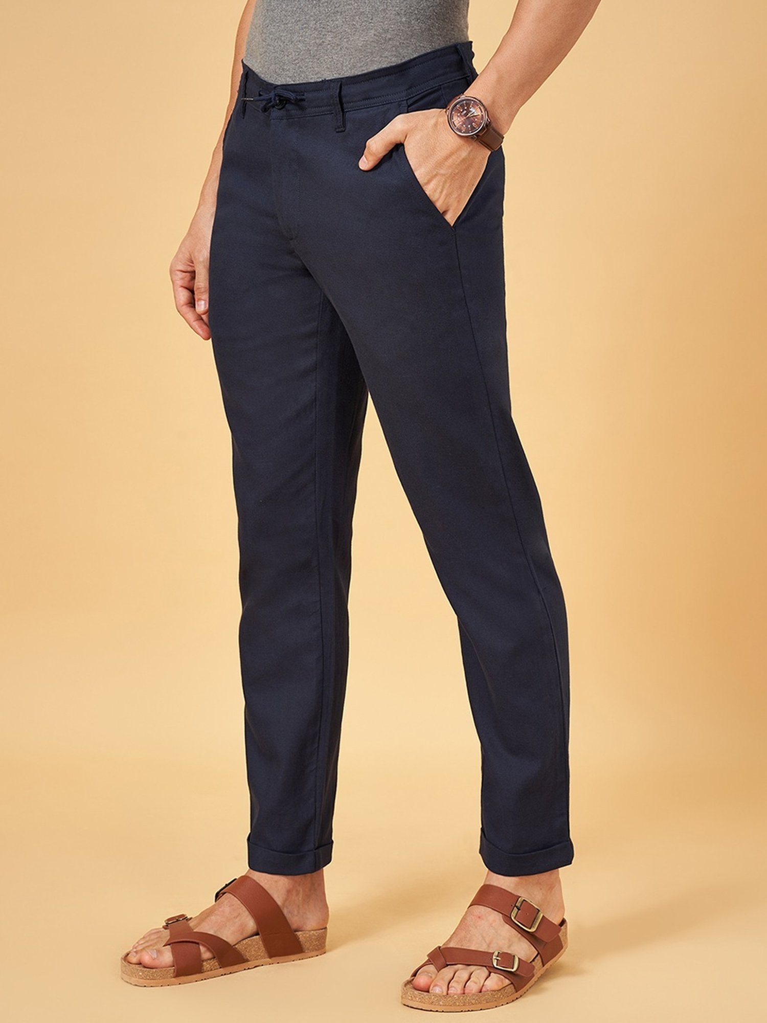 Indus Route by Pantaloons Dark Navy Cotton Regular Fit Trousers