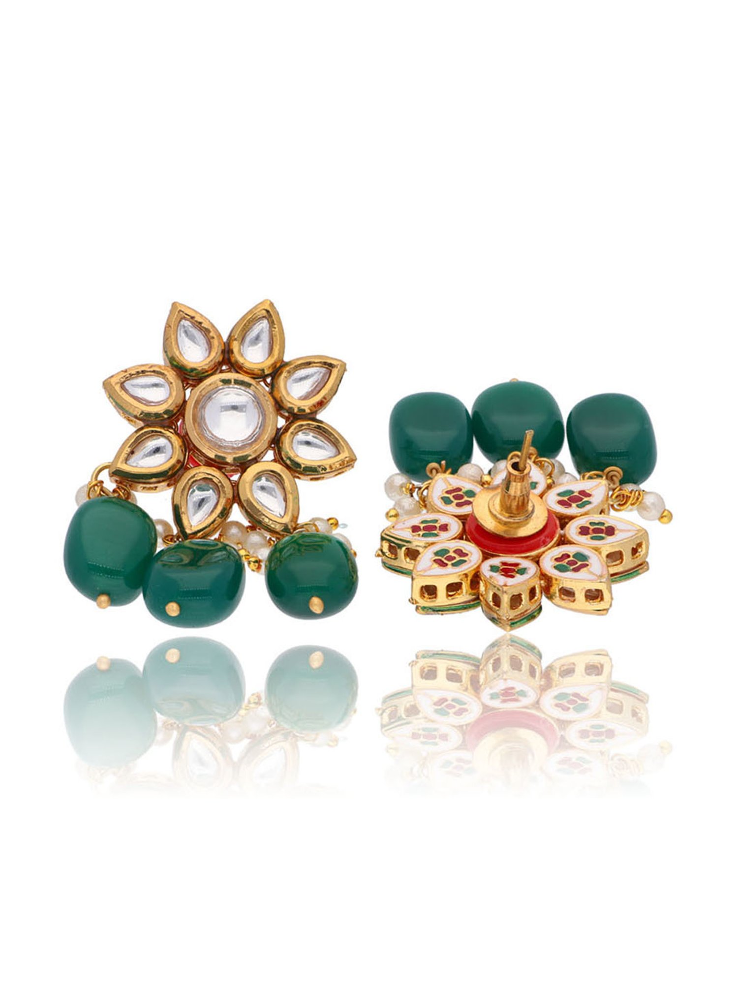 Curio Cottage Bridal Kundan and Pearls Embellished Green Necklace & Earring Set for Women