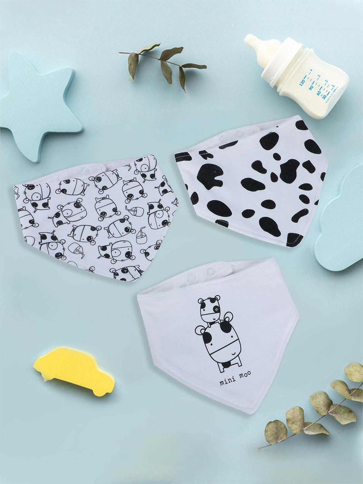 Baby Moo Kids White & Black Cotton Printed Bib (Pack of 3)