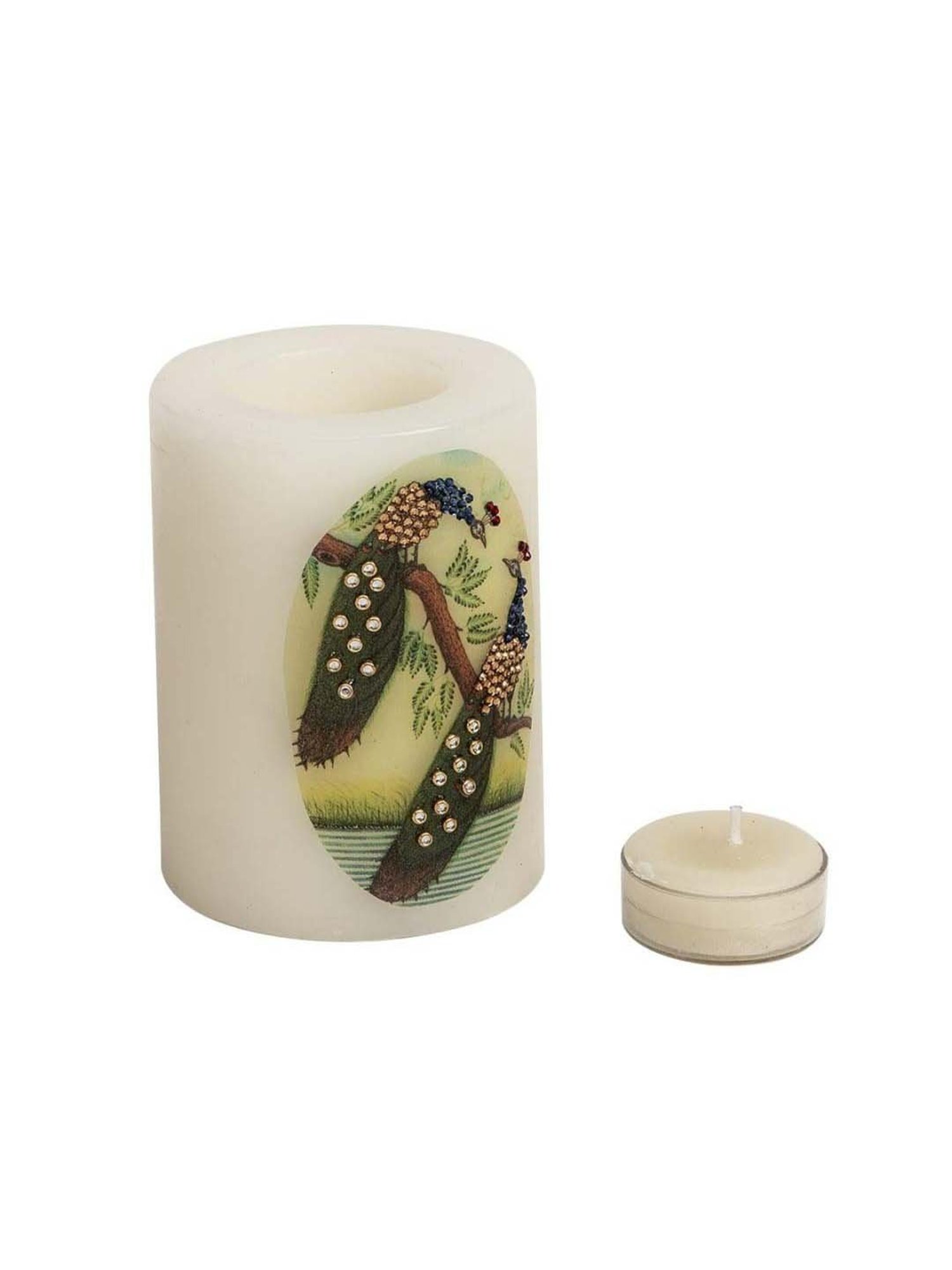 Home4U White & Green Wax 7.5 cm Mayurika Pillar Candle - Set of 2