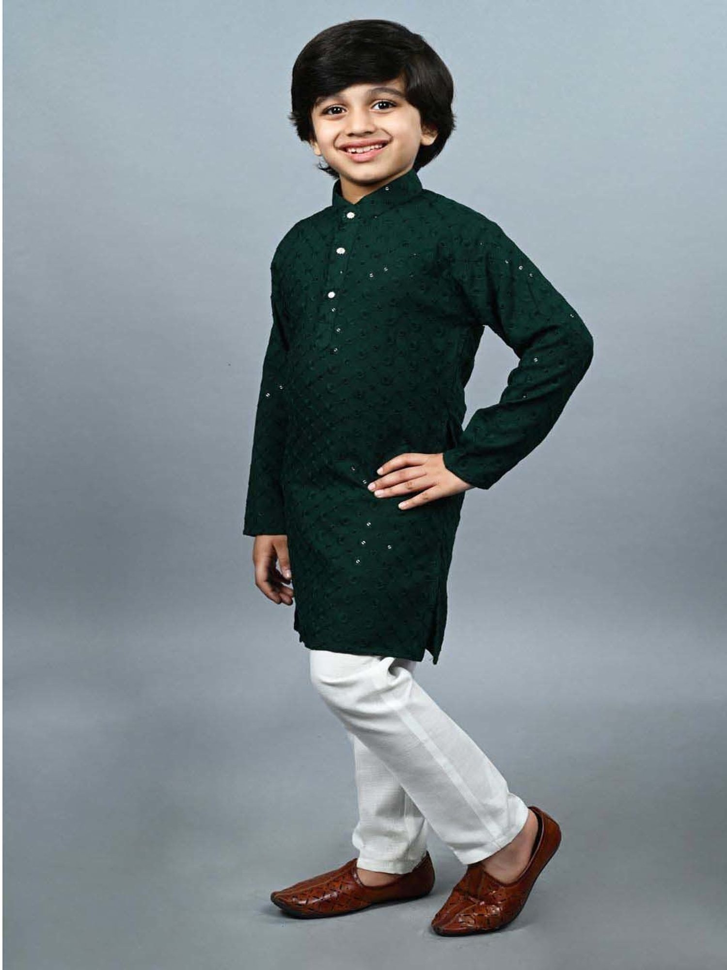 Ahhaaaa Kids Green Cotton Embellished Full Sleeves Kurta Set