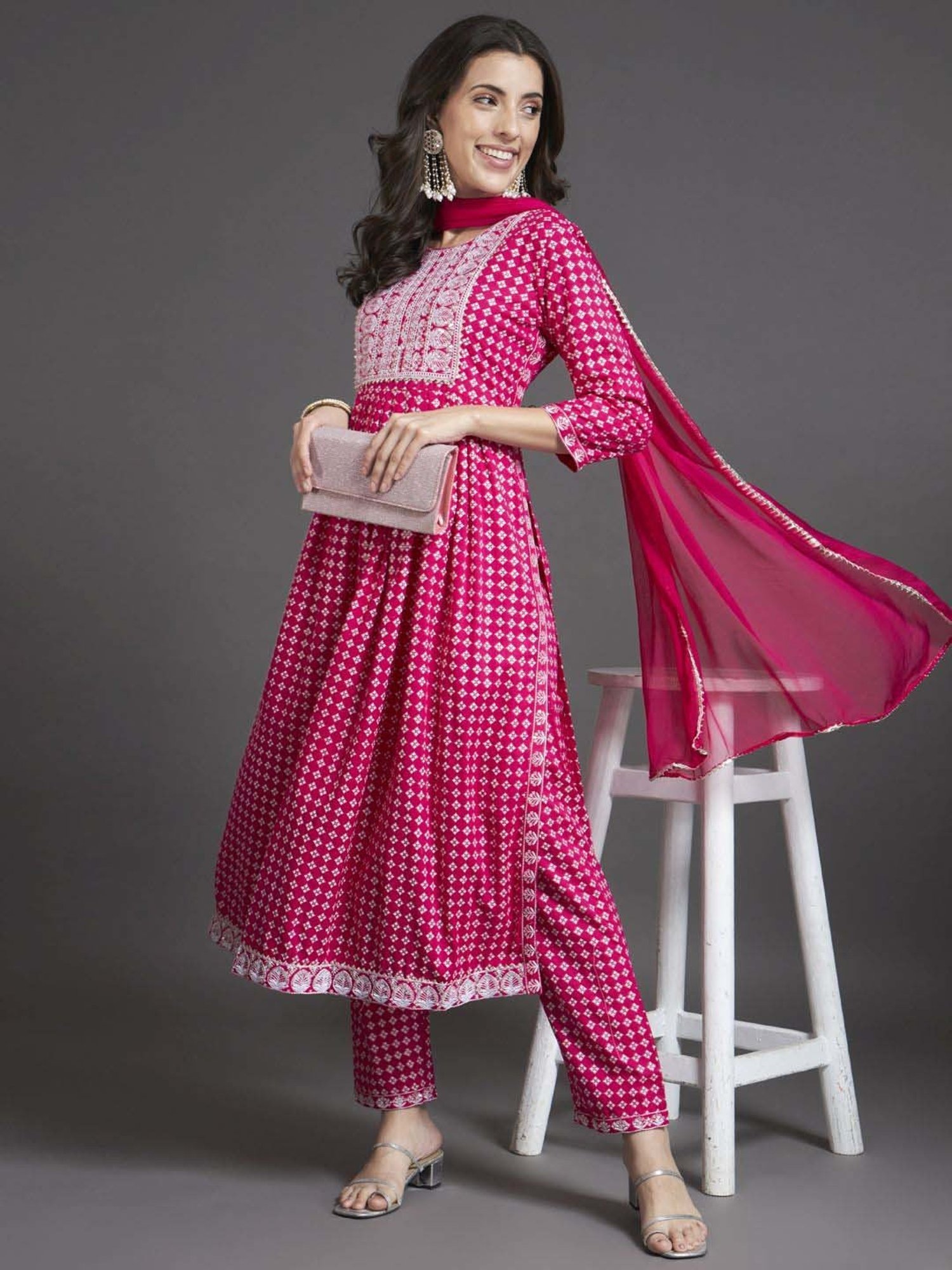 Heeposh Pink Printed Kurta Pant Set With Dupatta