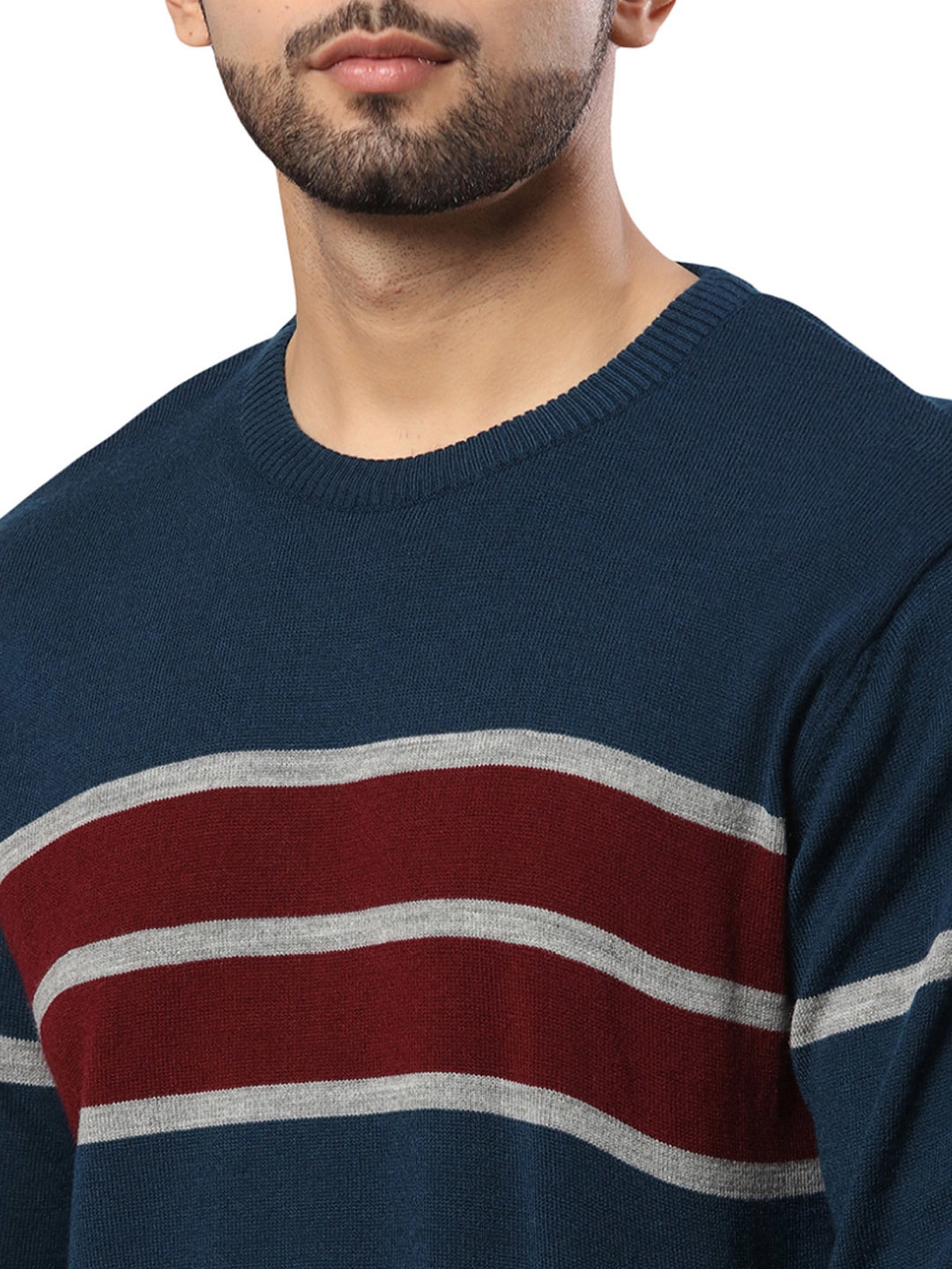 Raymond Blue & Brown Regular Fit Striped Sweater