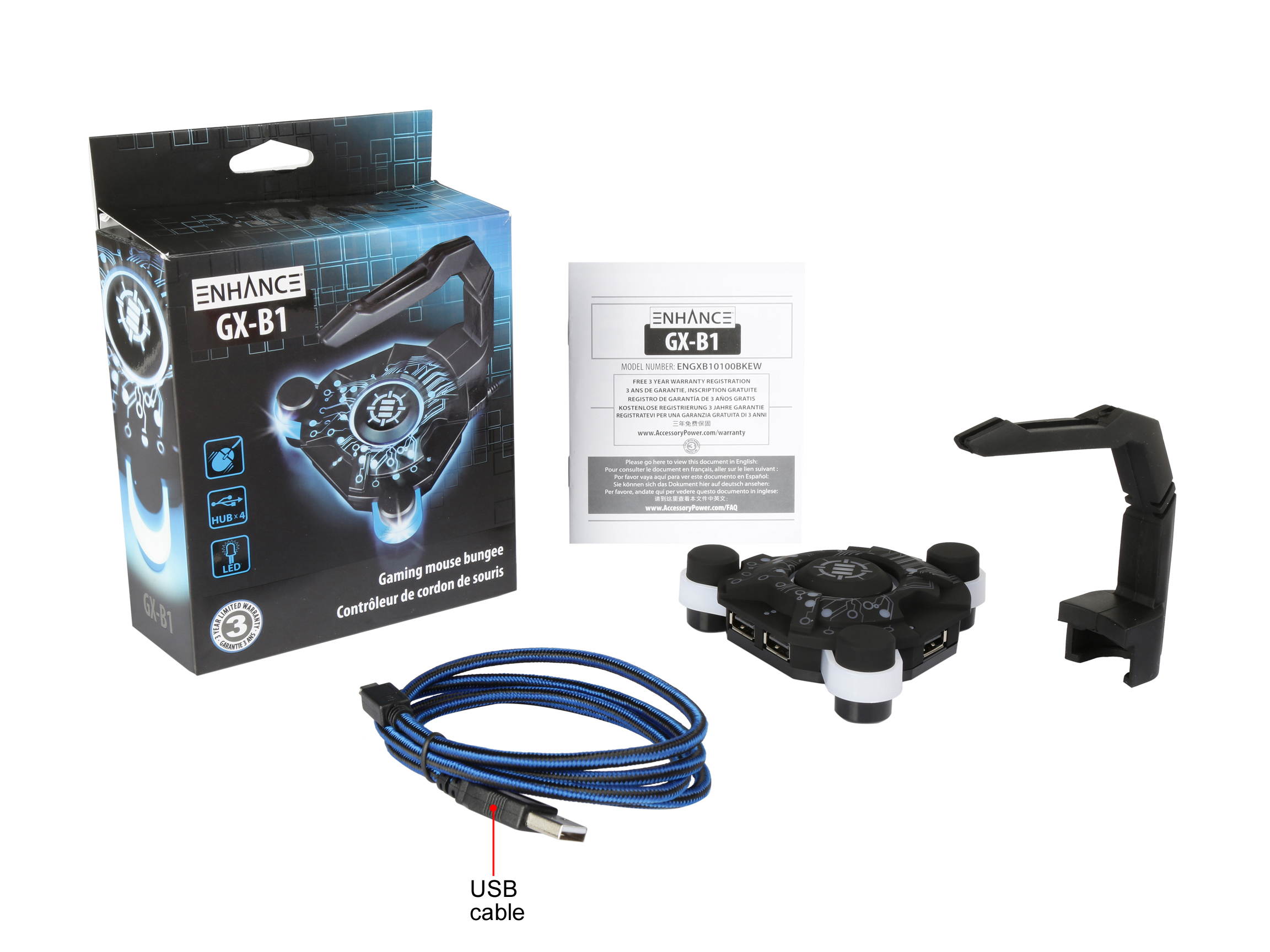 ENHANCE Mouse Bungee Cord Holder and Active USB Hub with Blue LED Lighting - Boost Gaming Accuracy By Eliminating Cable Drag