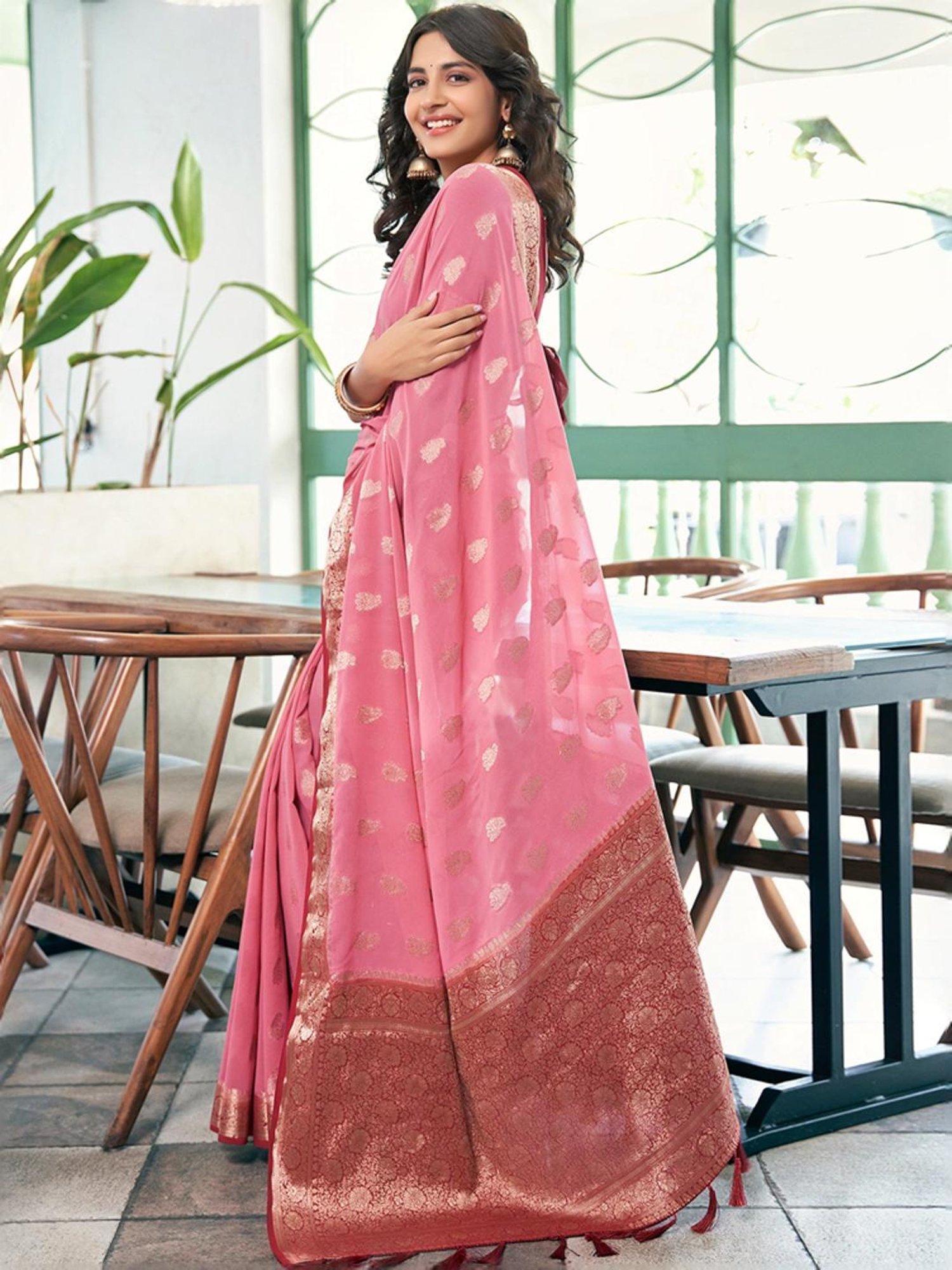 Satrani Pink Woven Saree With Unstitched Blouse