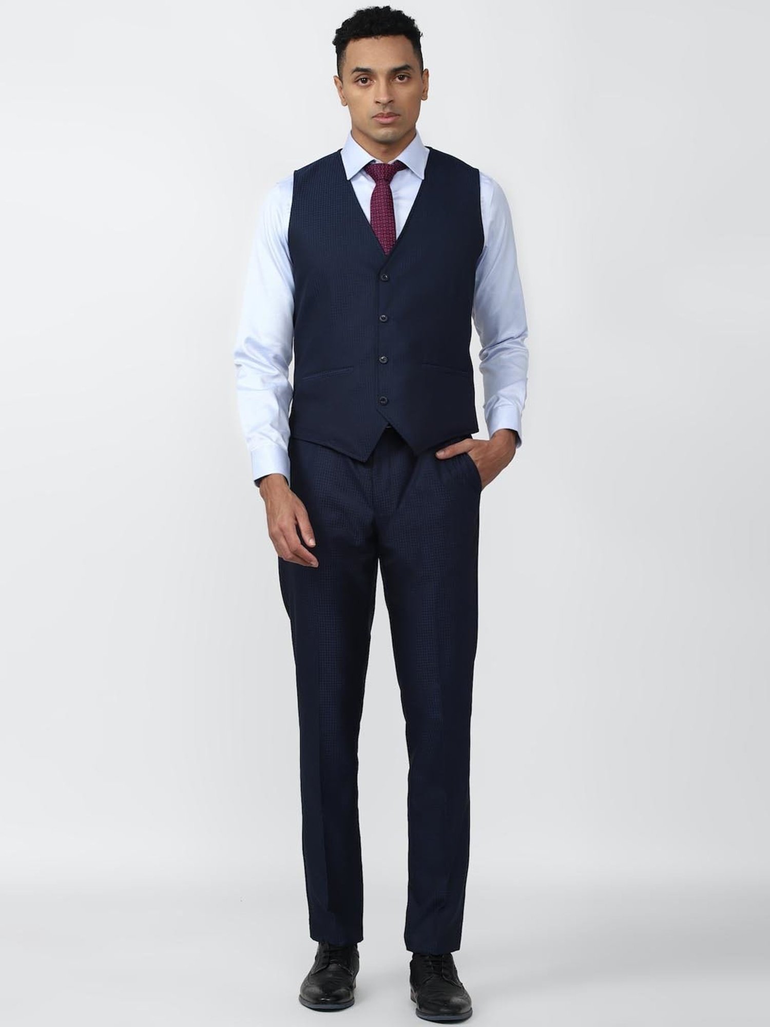 V Dot Navy Blue Skinny Fit Checks Three Piece Suits