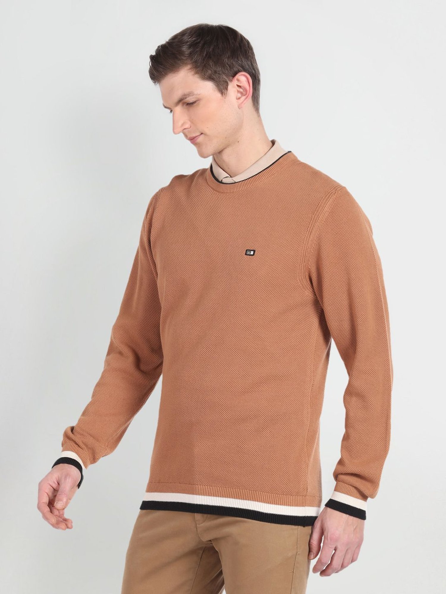 Arrow Sport Beige Regular Fit Self Pattern Sweater