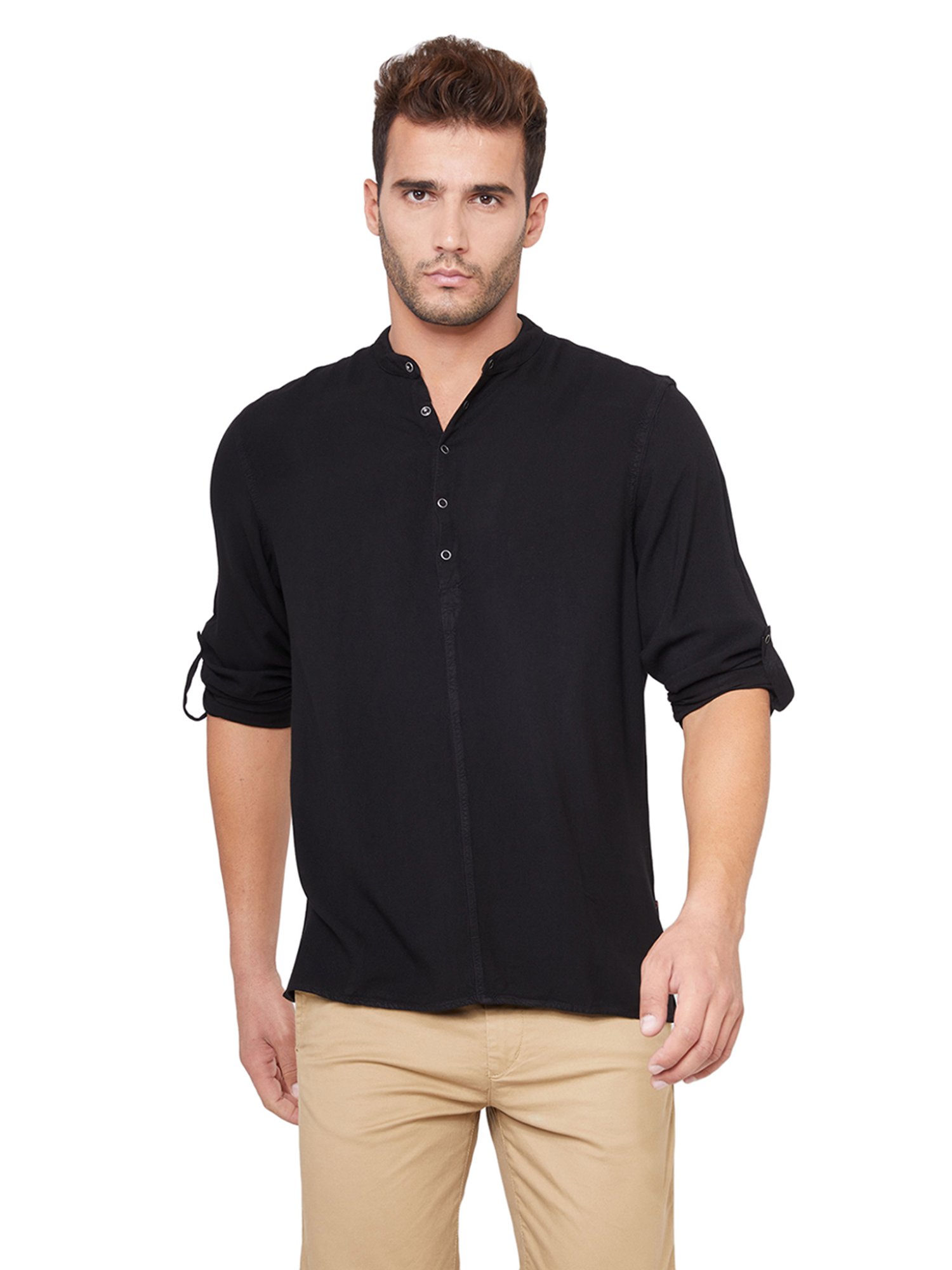 Identiti Black Full Sleeves Solid Slim Fit Short Kurta