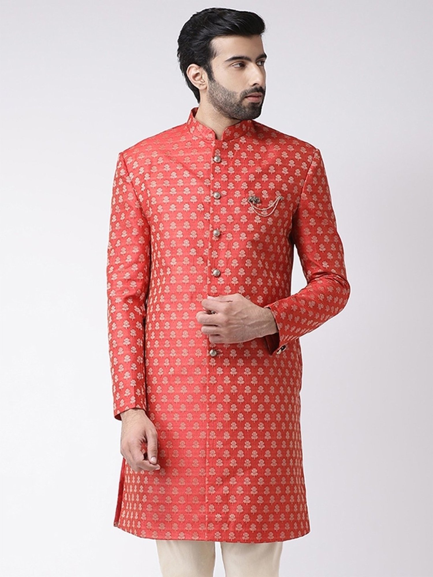 Hangup Plus Beige & Black Regular Fit Printed Sherwani Set