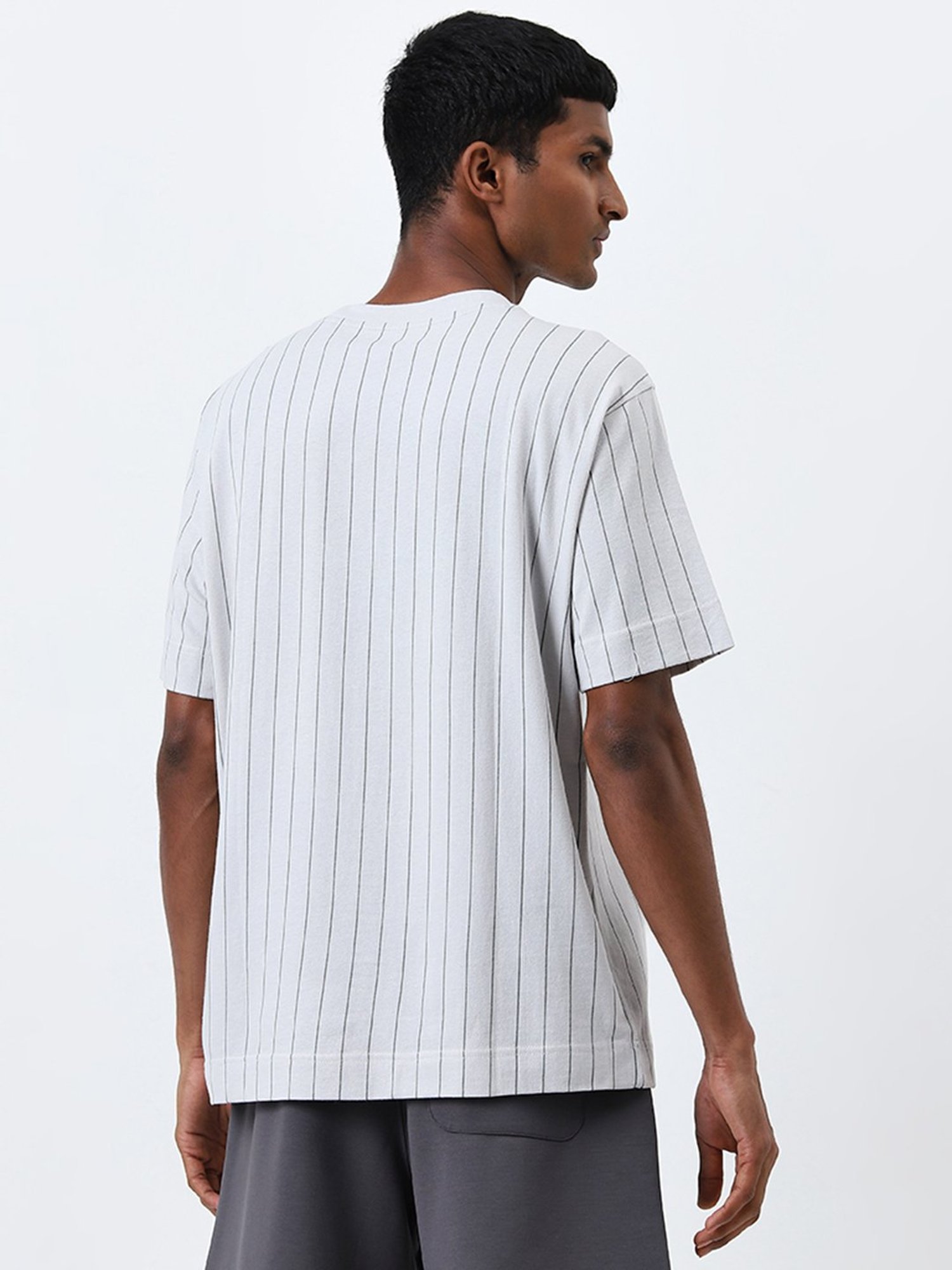 Studiofit by Westside Light Grey Striped Relaxed-Fit Cotton T-Shirt