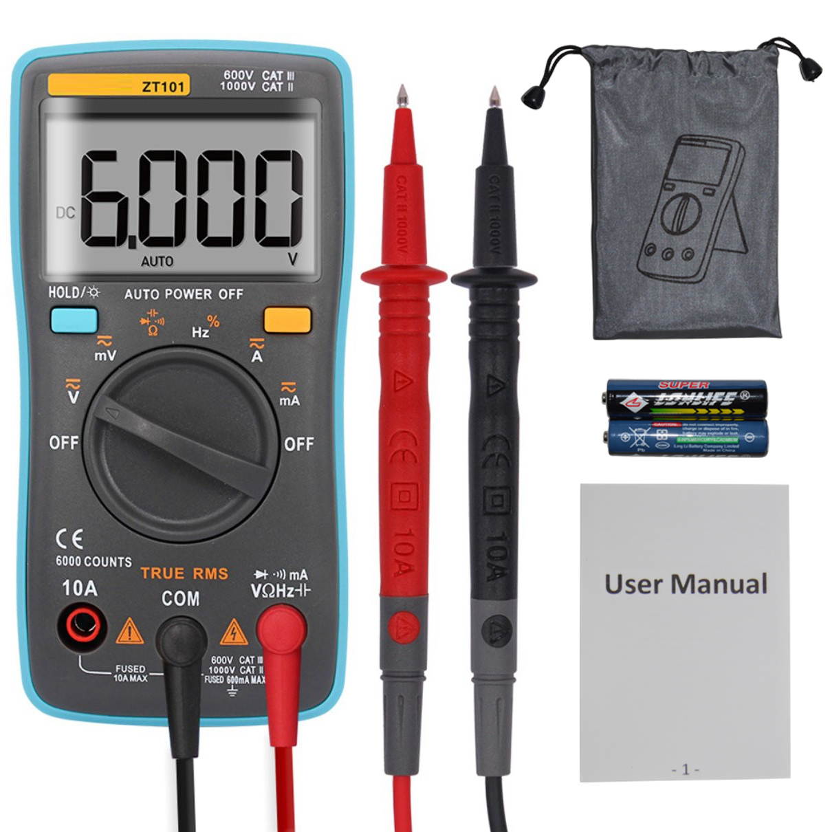 Auto-Ranging True RMS Digital Multimeter 6000 Counts & Backlit LCD Display, Measures AC/DC Voltage & Current, Resistance, Capacitance, Frequency, Duty Cycle, Diode, Continuity
