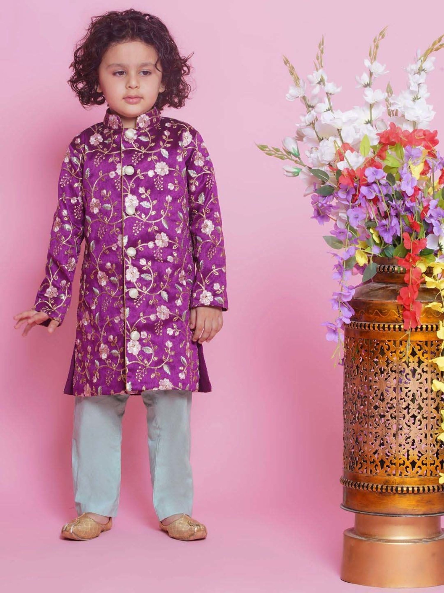 Little Bansi Boys Purple & Grey Embroidery Full Sleeves Kurta Set