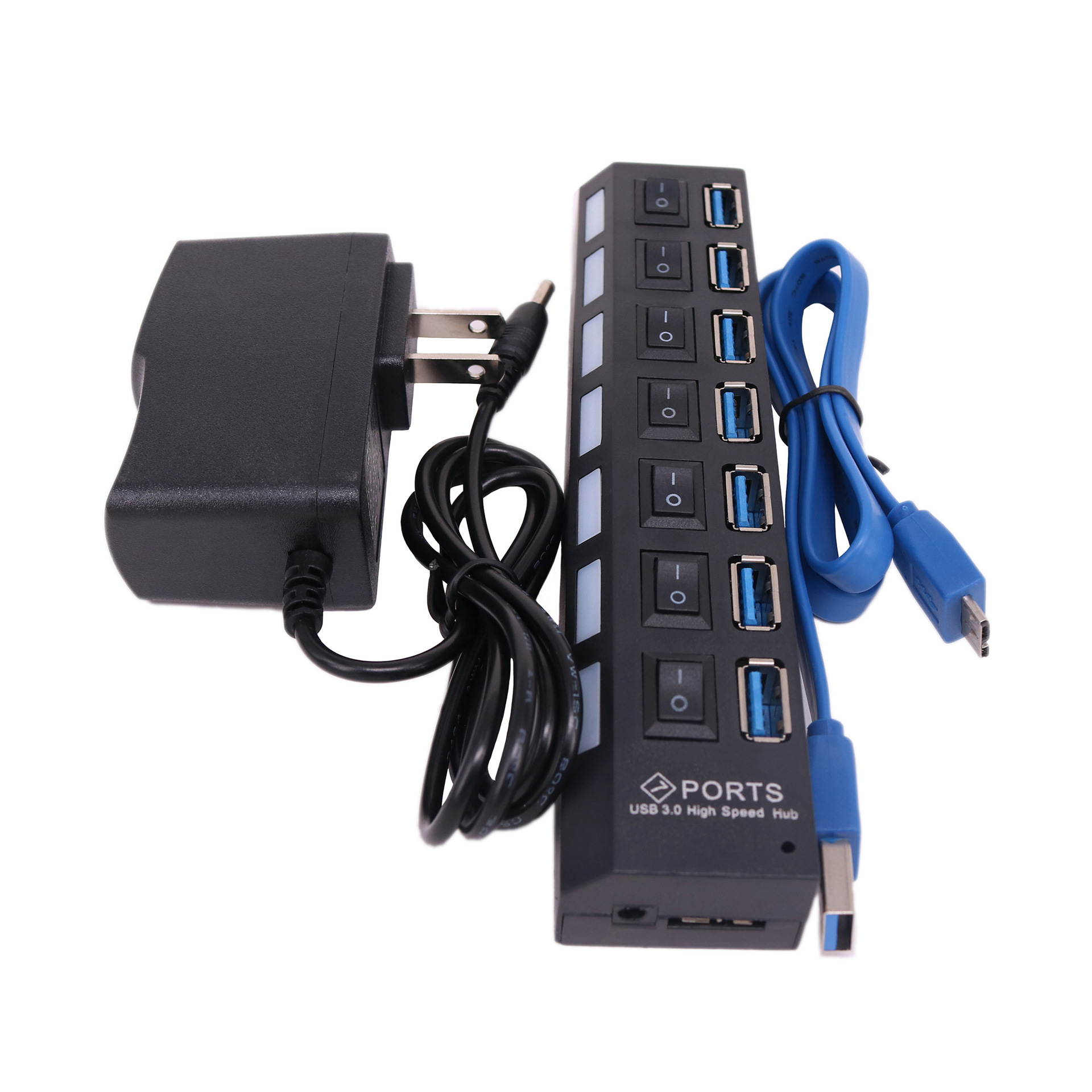 7 Ports Expander USB 3.0 HUB & On/Off Switch Multi USB Splitter with Power Adapter for PC Laptop