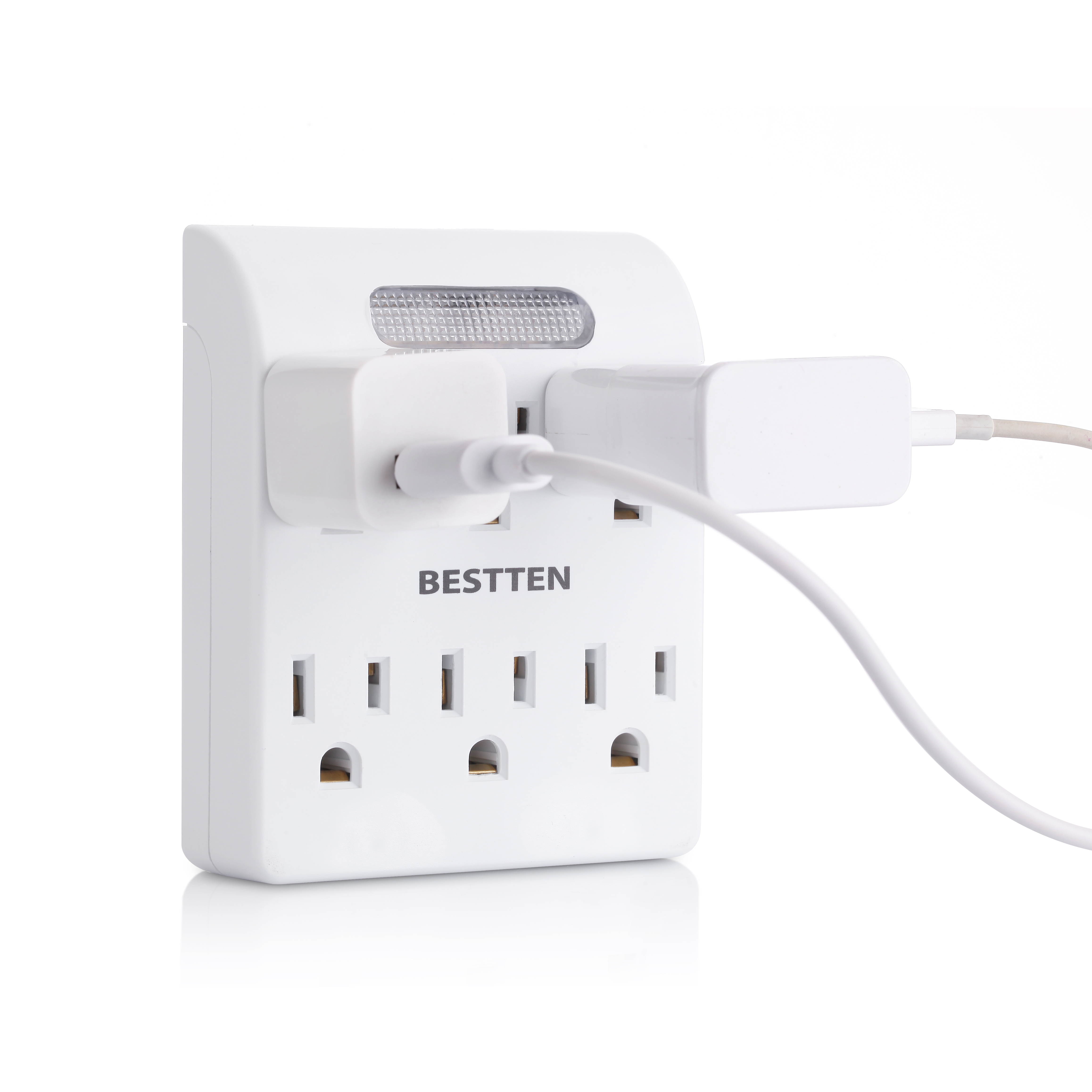 [4 Pack] BESTTEN 6 Way Outlet Extender with Auto LED Sensor Indicator, Perfect Electrical Wall Tap Adapter for Home and Office Use, ETL Certified, White