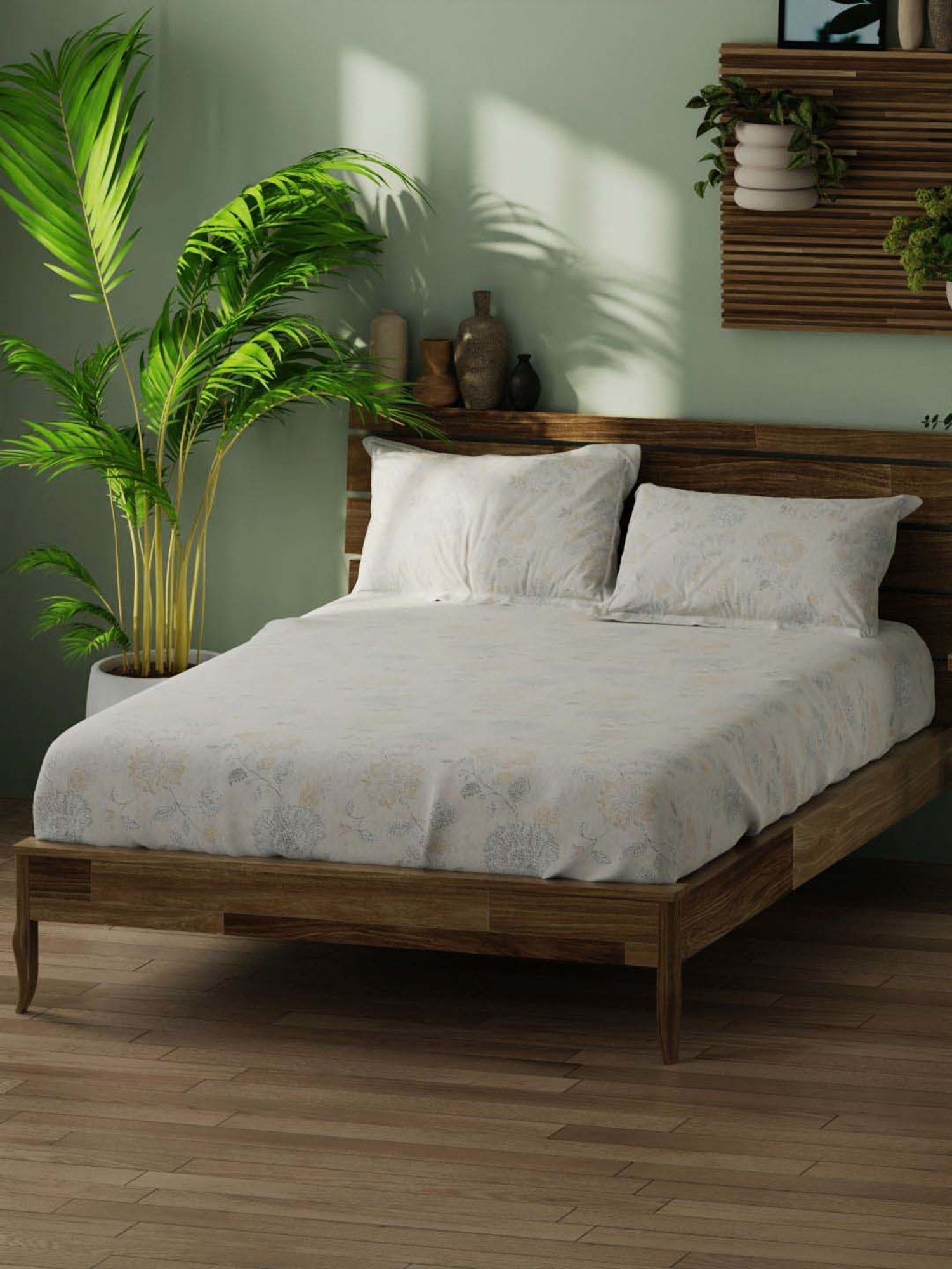 Bianca Organica White & Olive 180 TC Cotton King Bedsheet with 2 Pillow Covers