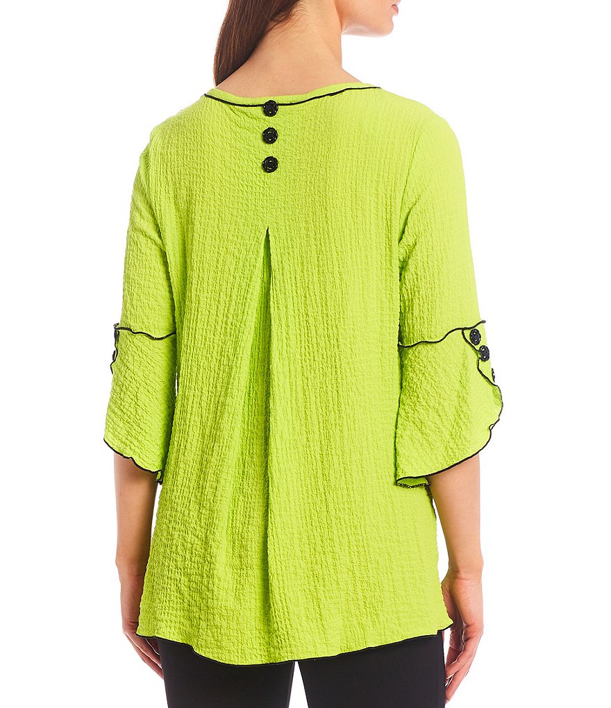 Ali Miles Crinkle Jewel Neck 3/4 Bell Sleeve Hi-Low Hem Top