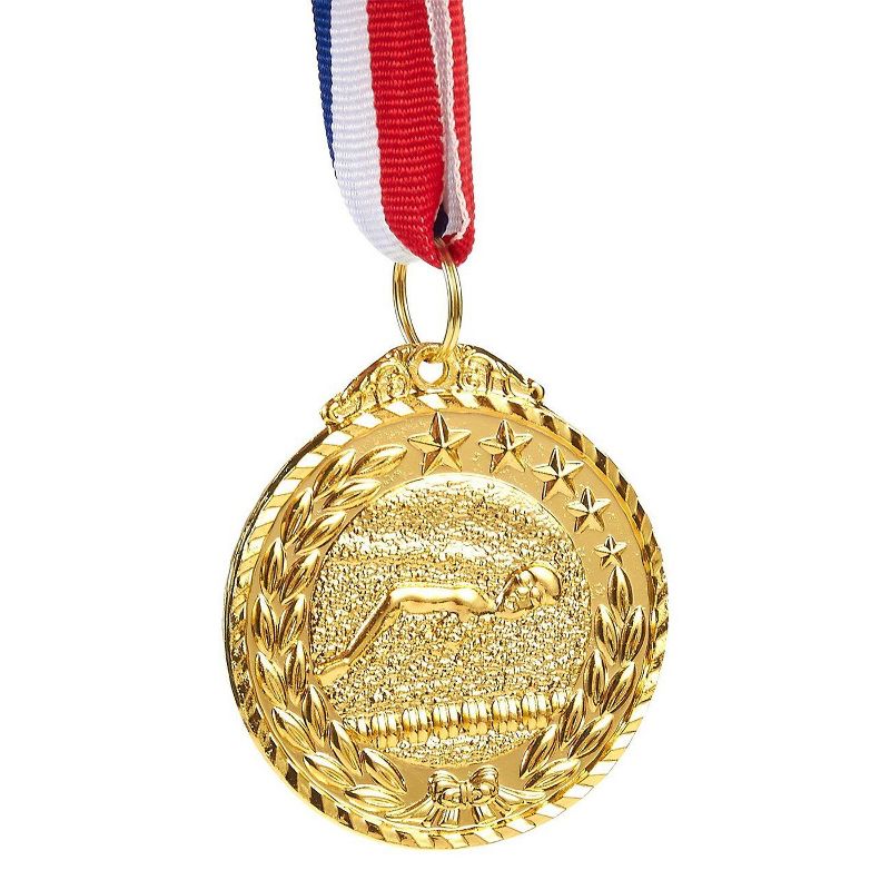 Juvale 12-Pack Gold Metal Medals Swimmer Winner Awards for Swimming Games, 2" with 30" Ribbon