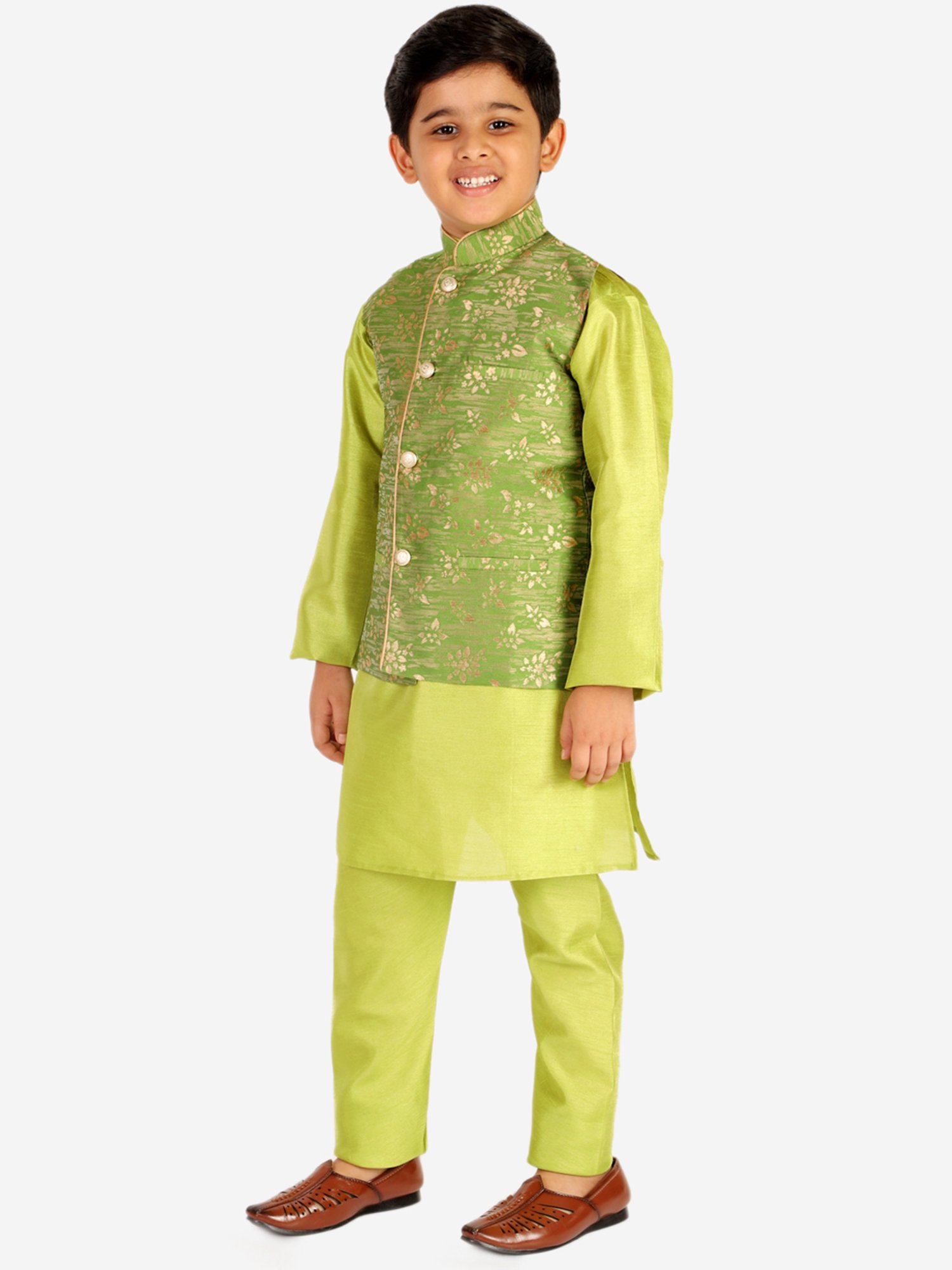 Pro-Ethic Style Developer Kids Green Floral Print Full Sleeves Kurta, Waistcoat with Pyjamas