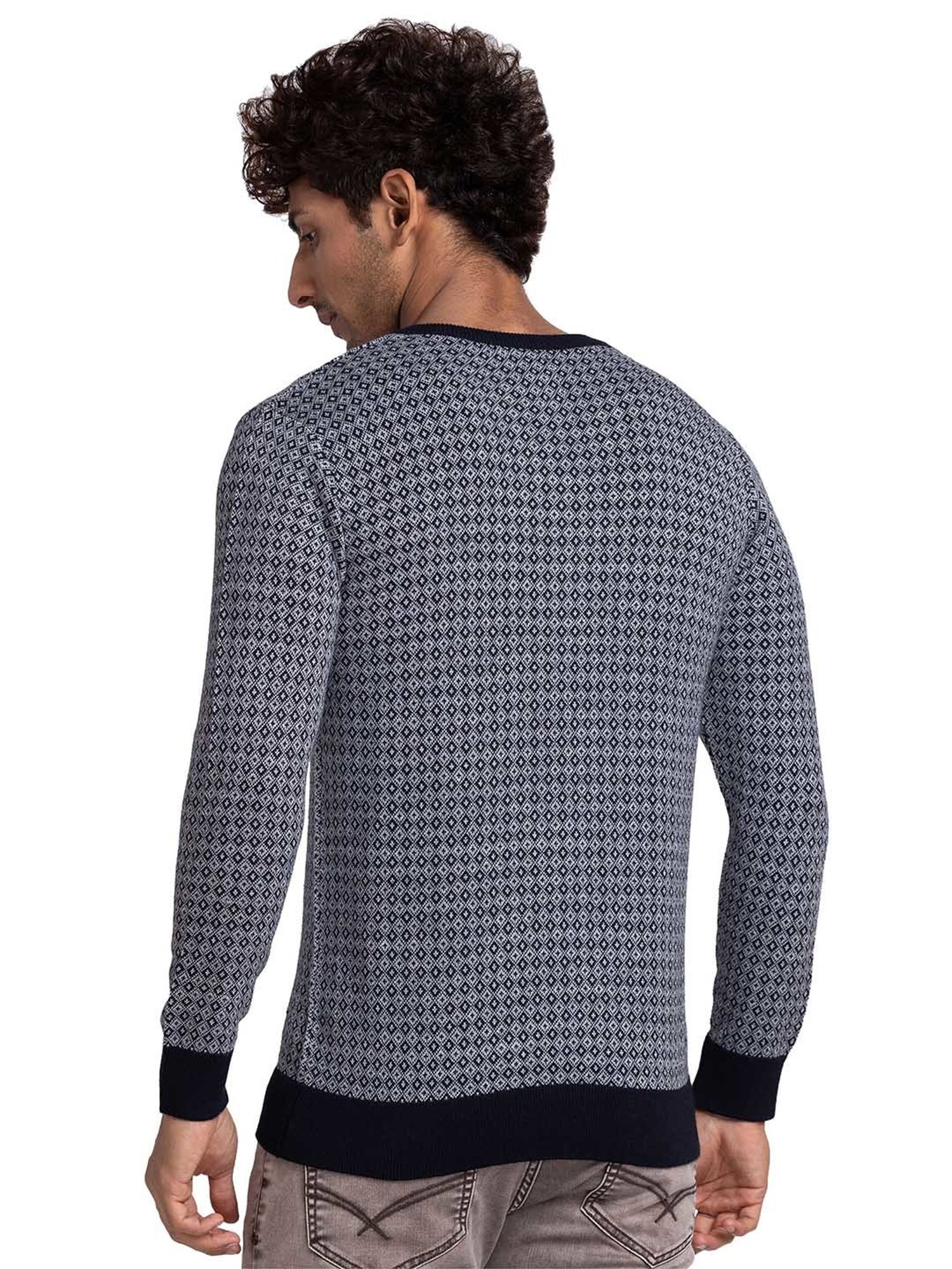 Parx Dark Blue Regular Fit Self Design Sweater