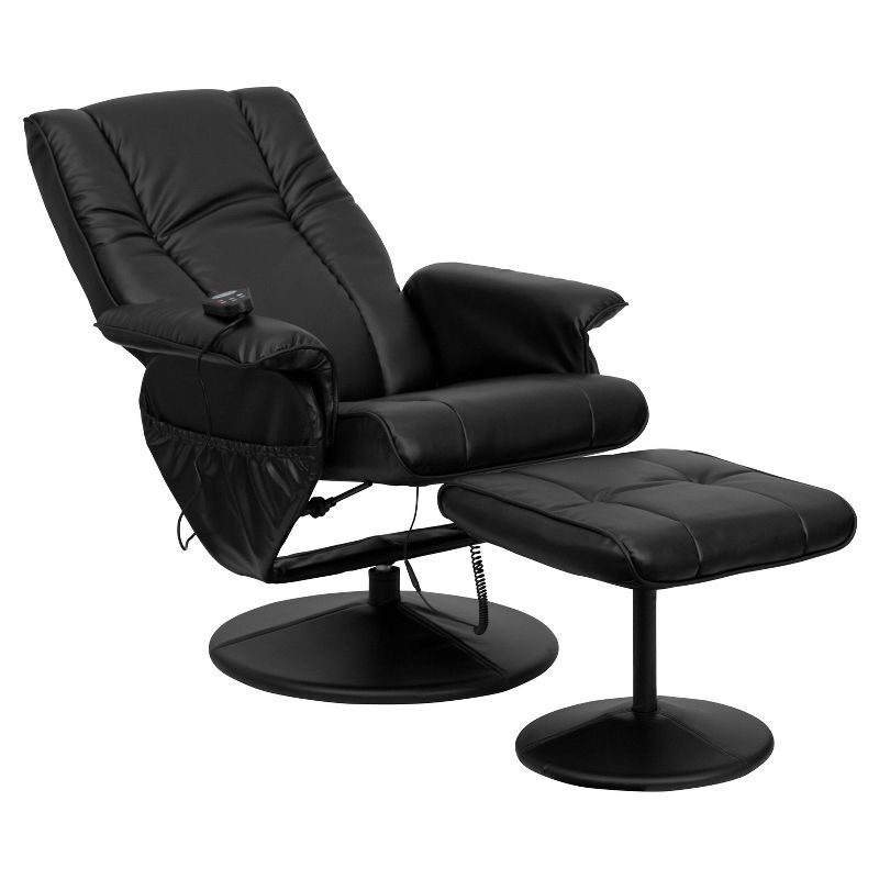 Flash Furniture Massaging Heat Controlled Adjustable Recliner and Ottoman with Wrapped Base in Black LeatherSoft