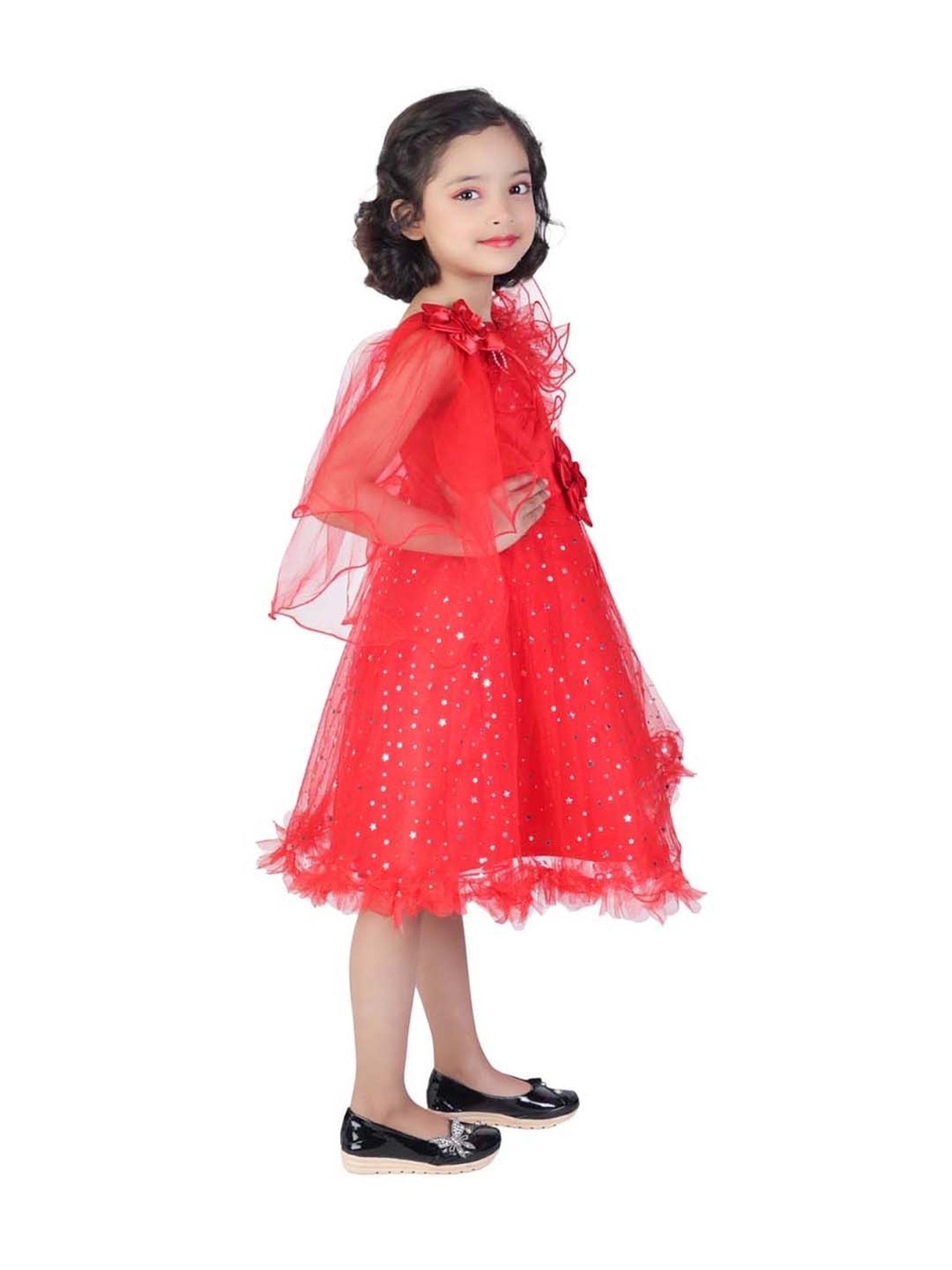 Ahhaaaa Kids Red Cotton Sequence Dress