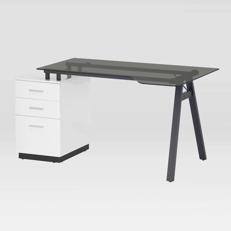 Modern Home Office Computer Desk with Smoke Tempered Glass Top & Storage White - Techni Mobili
