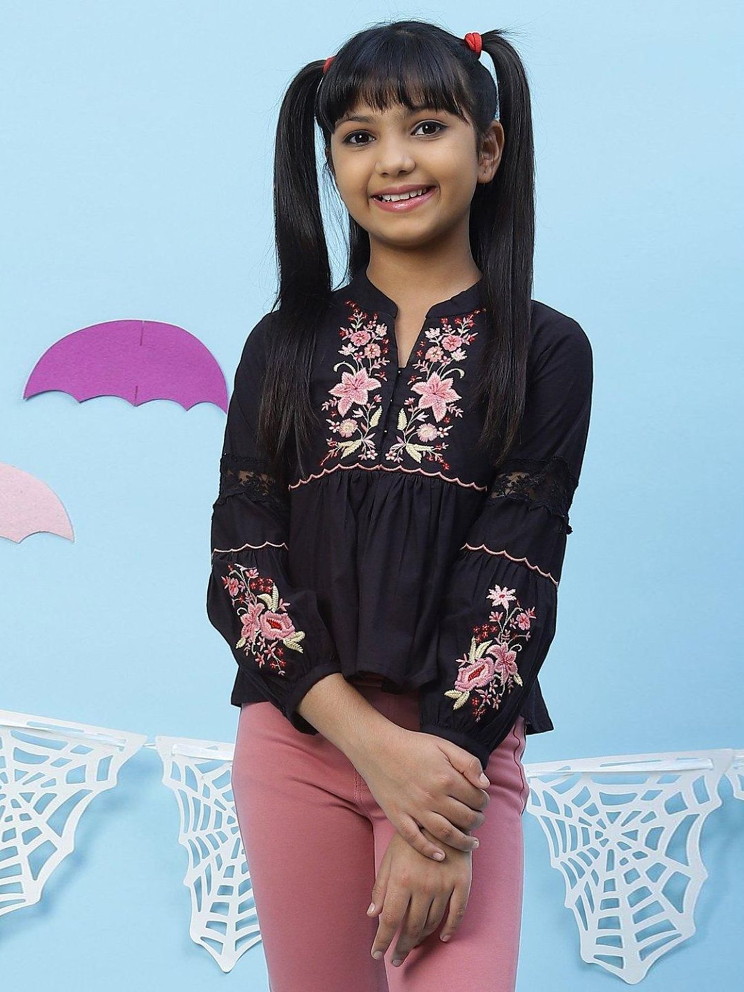 BIBA Girls Black Embroidered Top