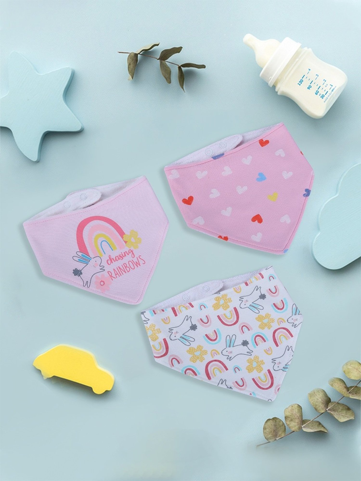 Baby Moo Kids Pink & White Cotton Printed Bib (Pack of 3)