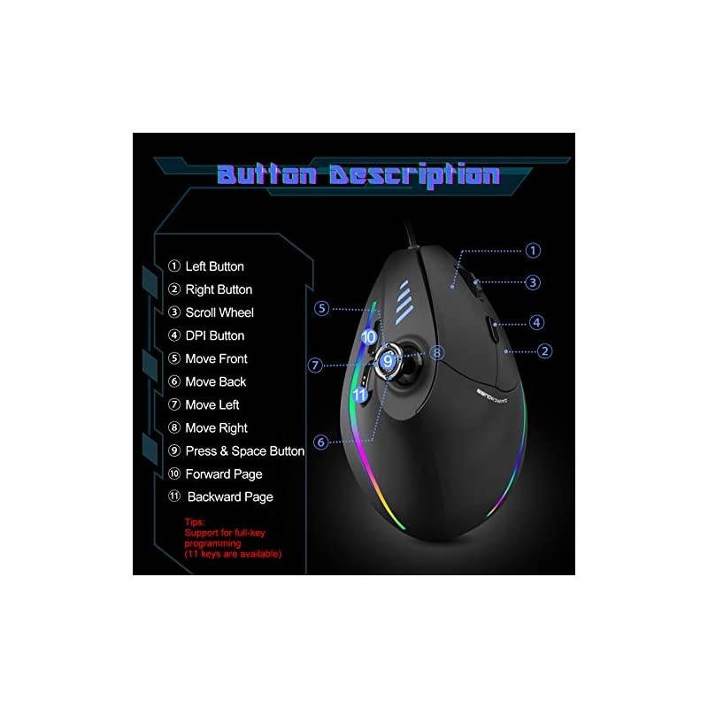 Gaming Mouse with 5 D Rocker  Ergonomic Mouse with 10000 DPI11 Programmable Buttons RGB Vertical Gaming Mice Wired for PCLaptopESportsGamer Black