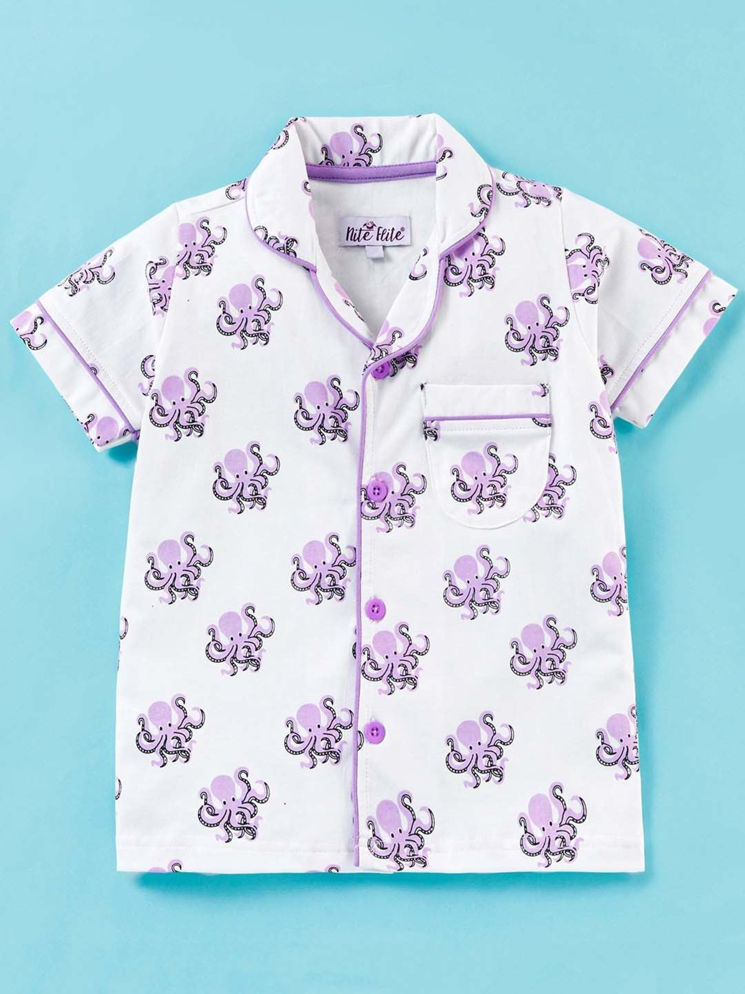 Nite Flite Boys White & Purple Cotton Printed Shirt Set