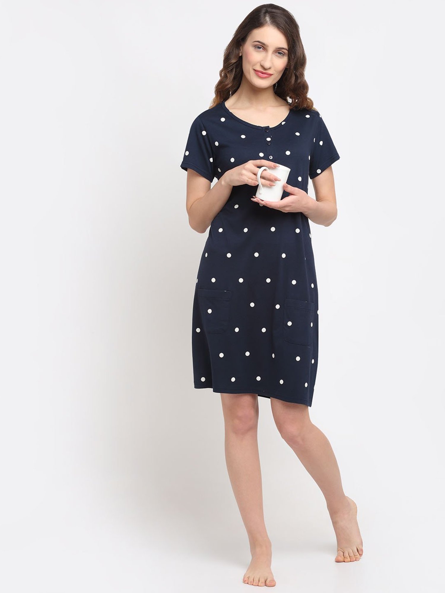 Kanvin Navy Blue Polka Dot Night Dress