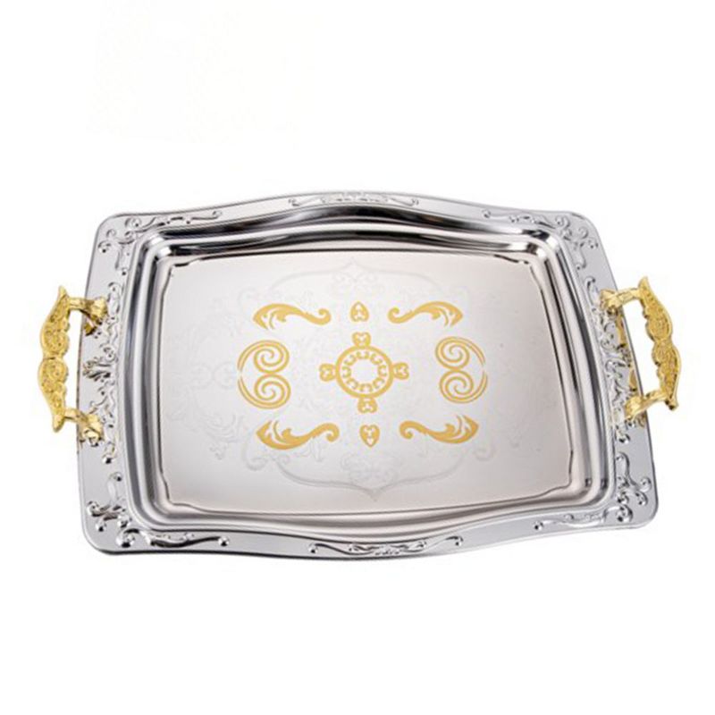 Alpine Cuisine Elegant 2 Piece Serving Tray Set with Gold Plated Bottom, Carrying Handles, and Food Safe Silkscreen for Entertaining, Silver