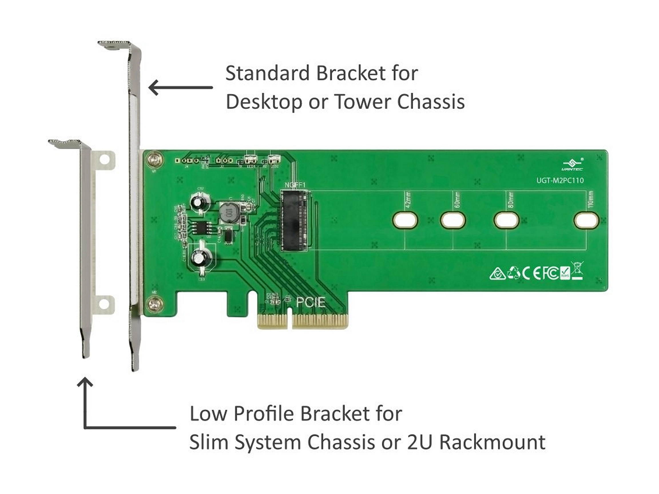 VANTEC UGT-M2PC110 M.2 NVMe PCIe X4 Adapter For Extra Long 110mm Module