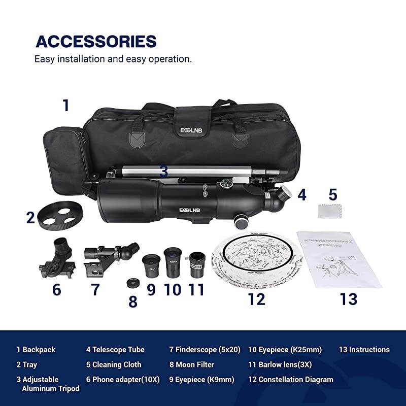 Telescopes for Adults Kids Astronomy Beginners 80mm Astronomical Telescopes with 10X Phone Mount Refractor Telescope Tripod and Carrying Bag ErectImage Travel Telescope with Moon Filter