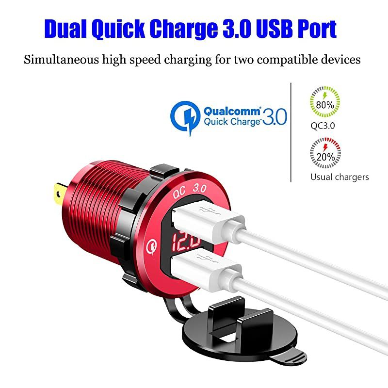 Quick Charge 30 Dual USB Charger Socket Waterproof Power Outlet Fast Charge with LED Voltmeter amp Wire Fuse DIY Kit for 12V24V Car Boat Marine ATV Bus Truck and More Red